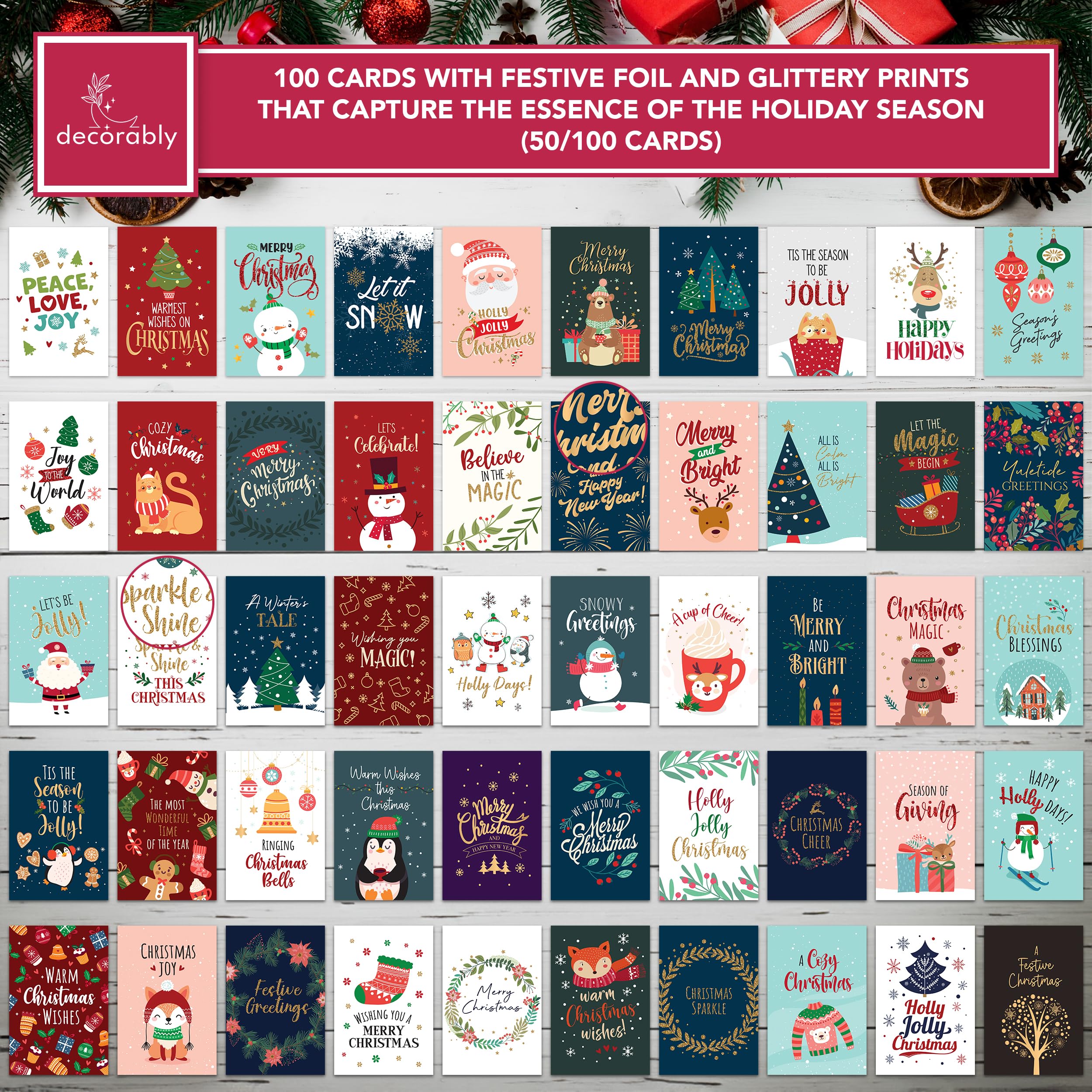 Decorably 100 Pack Boxed Assorted Christmas Cards with Envelopes & Stickers, 100 Unique Designs with Printed Message Bulk Christmas Cards Bulk, 6x4in Bulk Christmas Cards with Envelopes Bulk