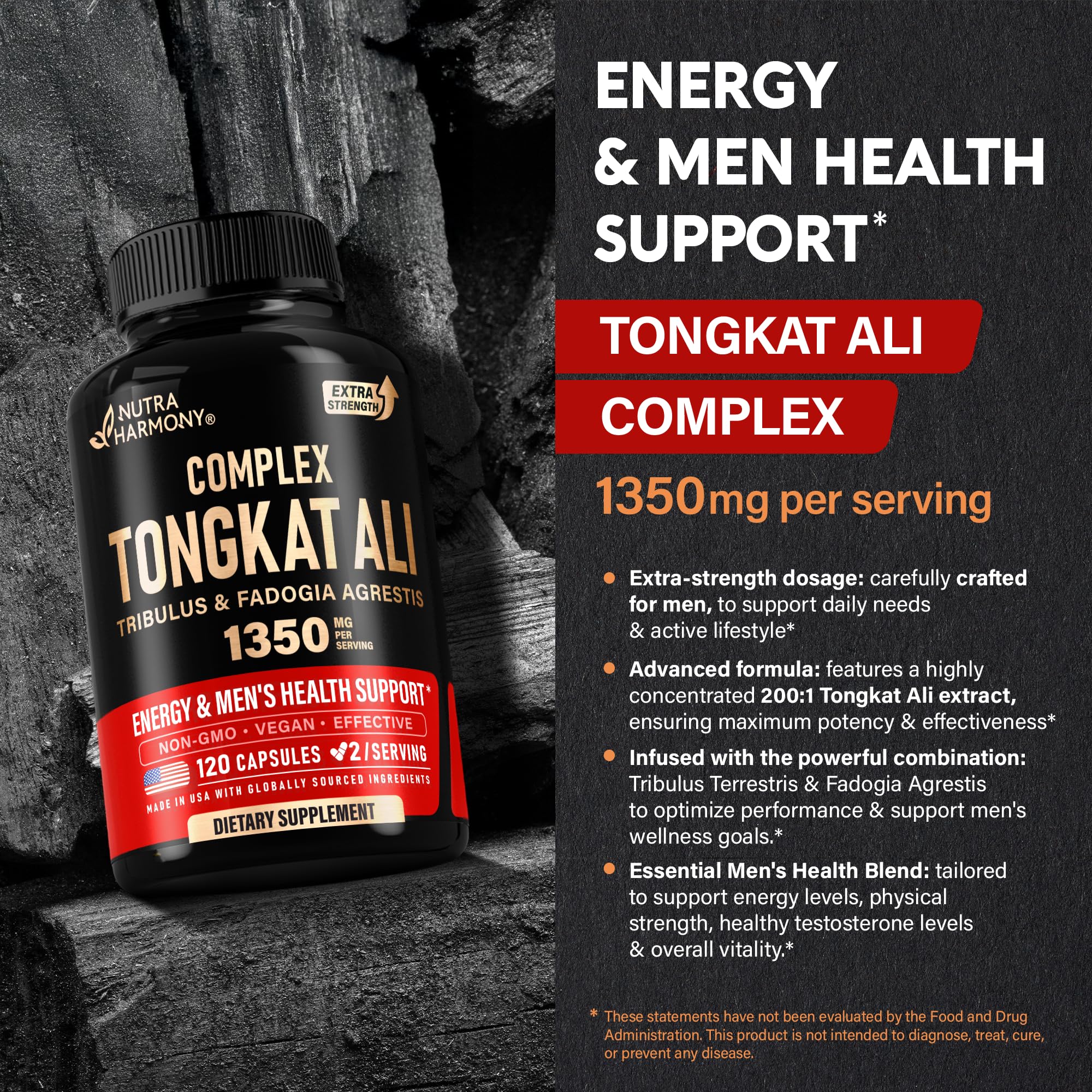 Tongkat Ali Men 1350mg Complex - Fadogia Agrestis | Tribulus Terrestris - Energy, Strength & Performance Support - Extra Strength 200:1 Extract - 3rd Party Tested, Made in USA - 120 Capsules / 2 Month