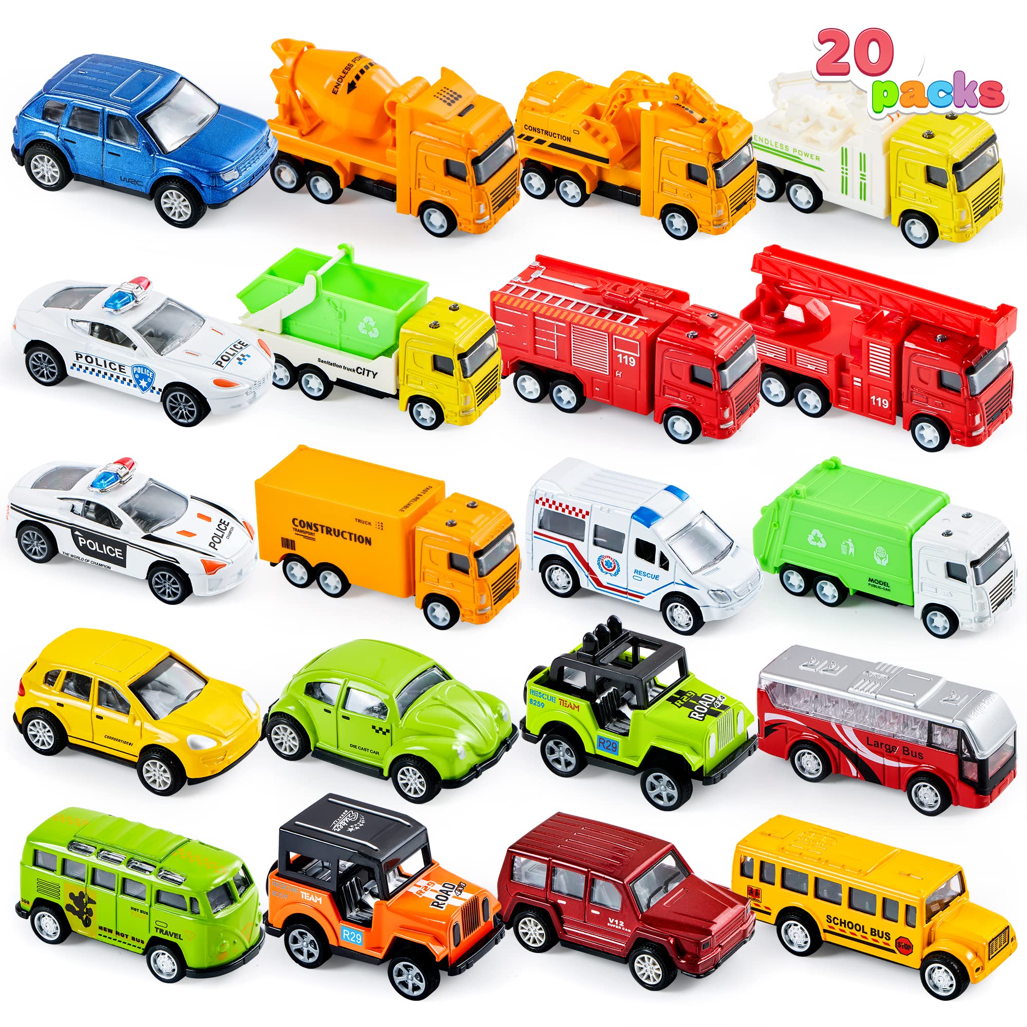 JOYIN 20PCS Die Cast Metal Pull Back Toy Cars, Vehicle Set for Toddlers, Child Party Favors, Cake Toppers, Stocking Stuffers, Race Cars for Boys, Gift Set for Babies