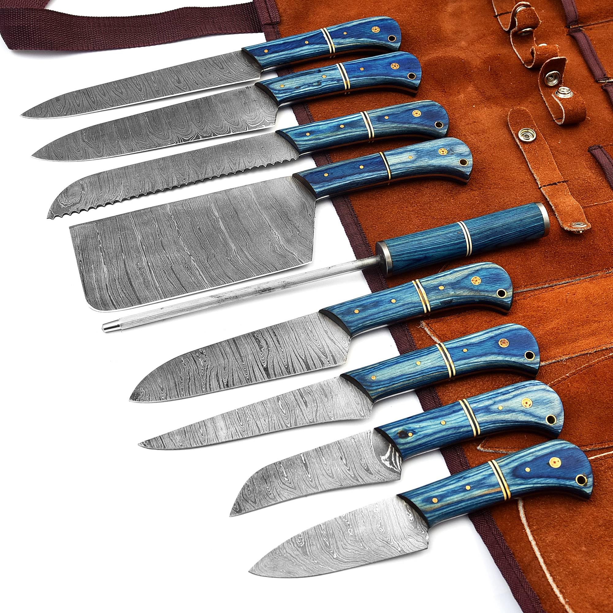 GladiatorsGuild G32 Professional Kitchen Knives Damascus Steel Utility Chef Kitchen Knife Set Paaka Wood with Chopper/Cleaver Pocket Case Chef Knife Roll Bag and Knife Sharpener Rod G32