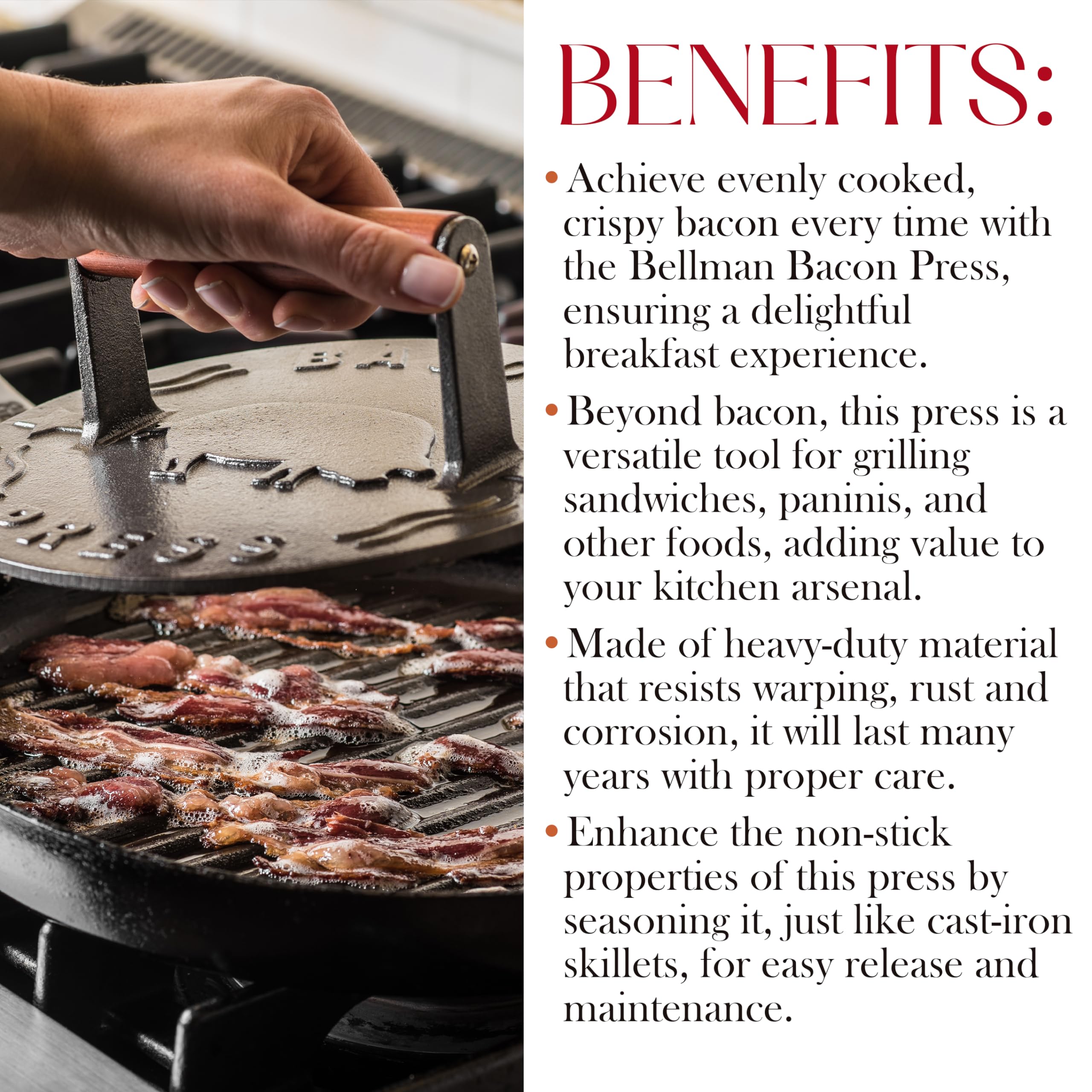 Bellemain Bacon Press 8.5-Inch Round | Heavy-Duty Cast Iron Grill Press for Perfectly Seared Bacon, Steak & Sandwiches | Equalized Weight Distribution