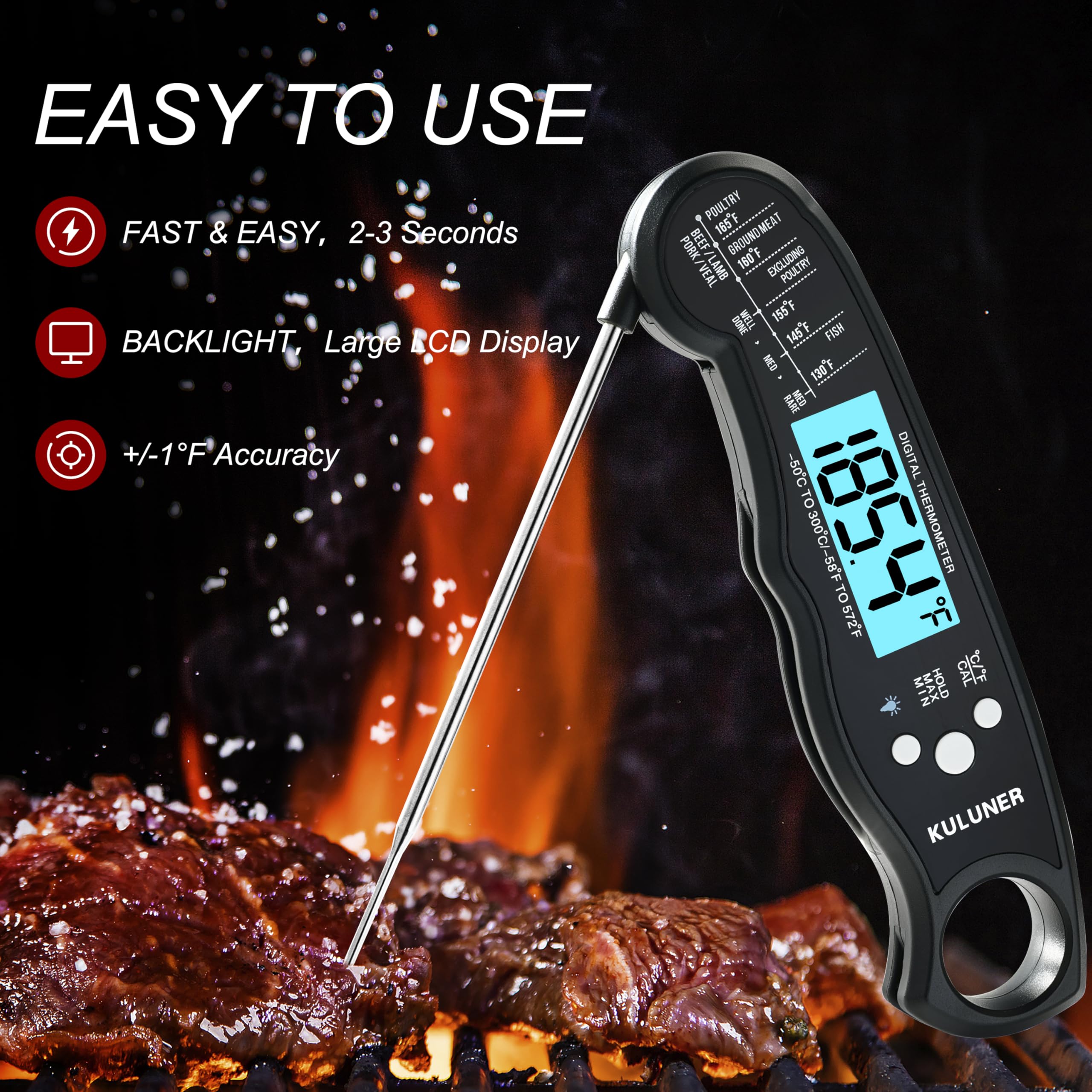 KULUNER TP-01 Waterproof Digital Instant Read Meat Thermometer with 4.6 Folding Probe Backlight Calibration Function for Cooking Food Candy, BBQ Grill, Liquids,Beef(Black)