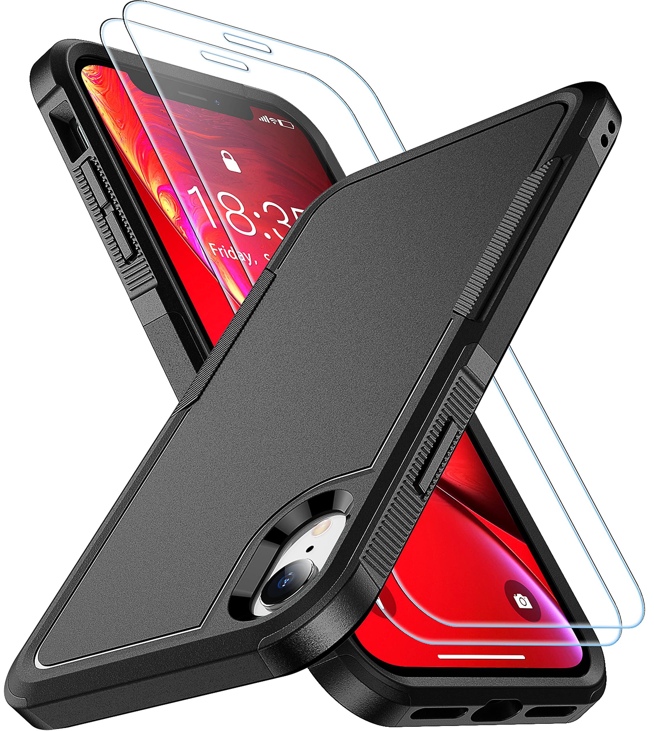 SPIDERCASE for iPhone XR Case, [10 FT Military Grade Drop Protection] [Non-Slip] [2 pcs Tempered Glass Screen Protector] Shockproof Airbag Cushion Protective Case for iPhone XR 6.1” (Black)