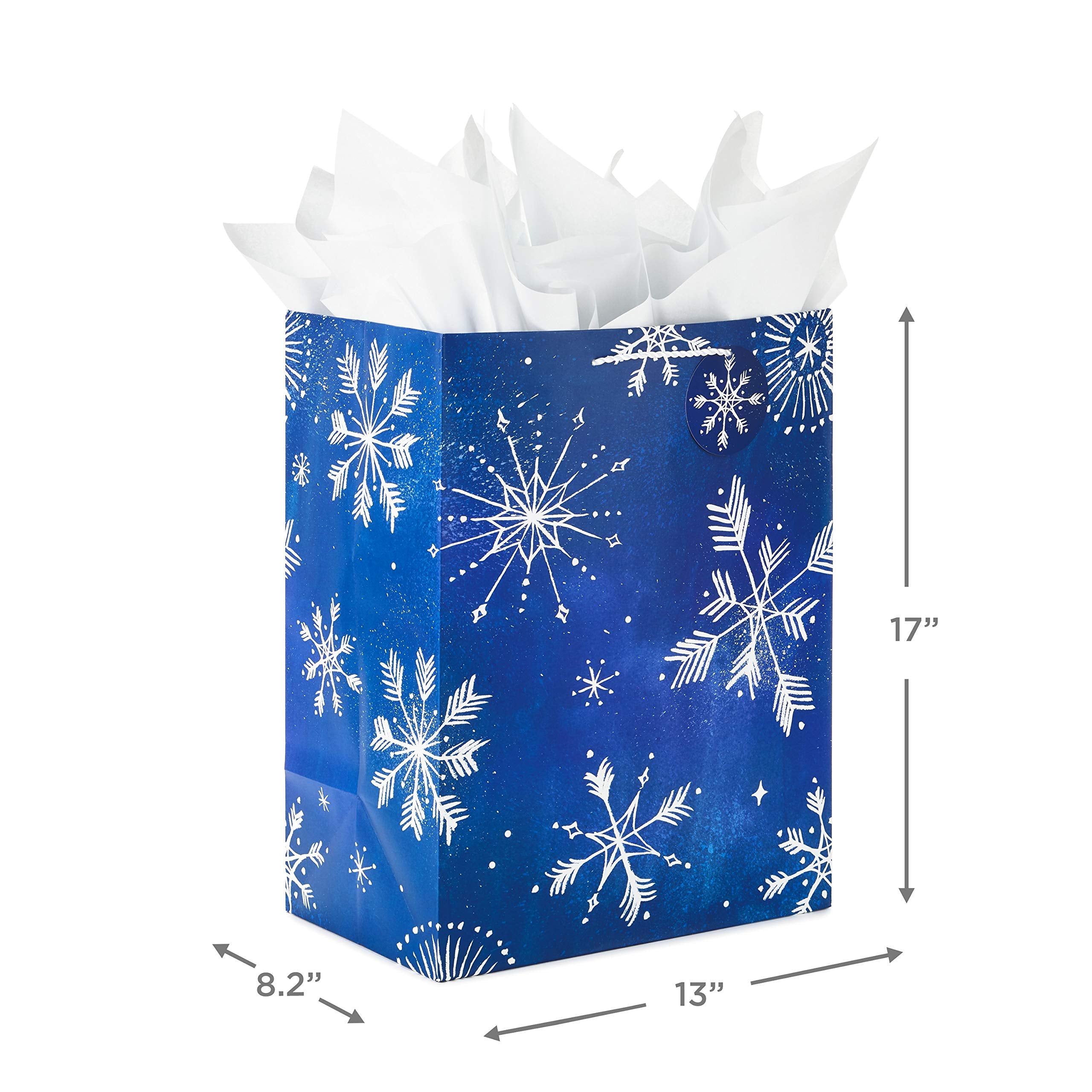 Hallmark 17" Extra Large Blue Gift Bags with Tissue Paper (3 Gift Bags: Starry Snowflakes on Navy) for Winter Weddings, Birthdays, Housewarming Gifts