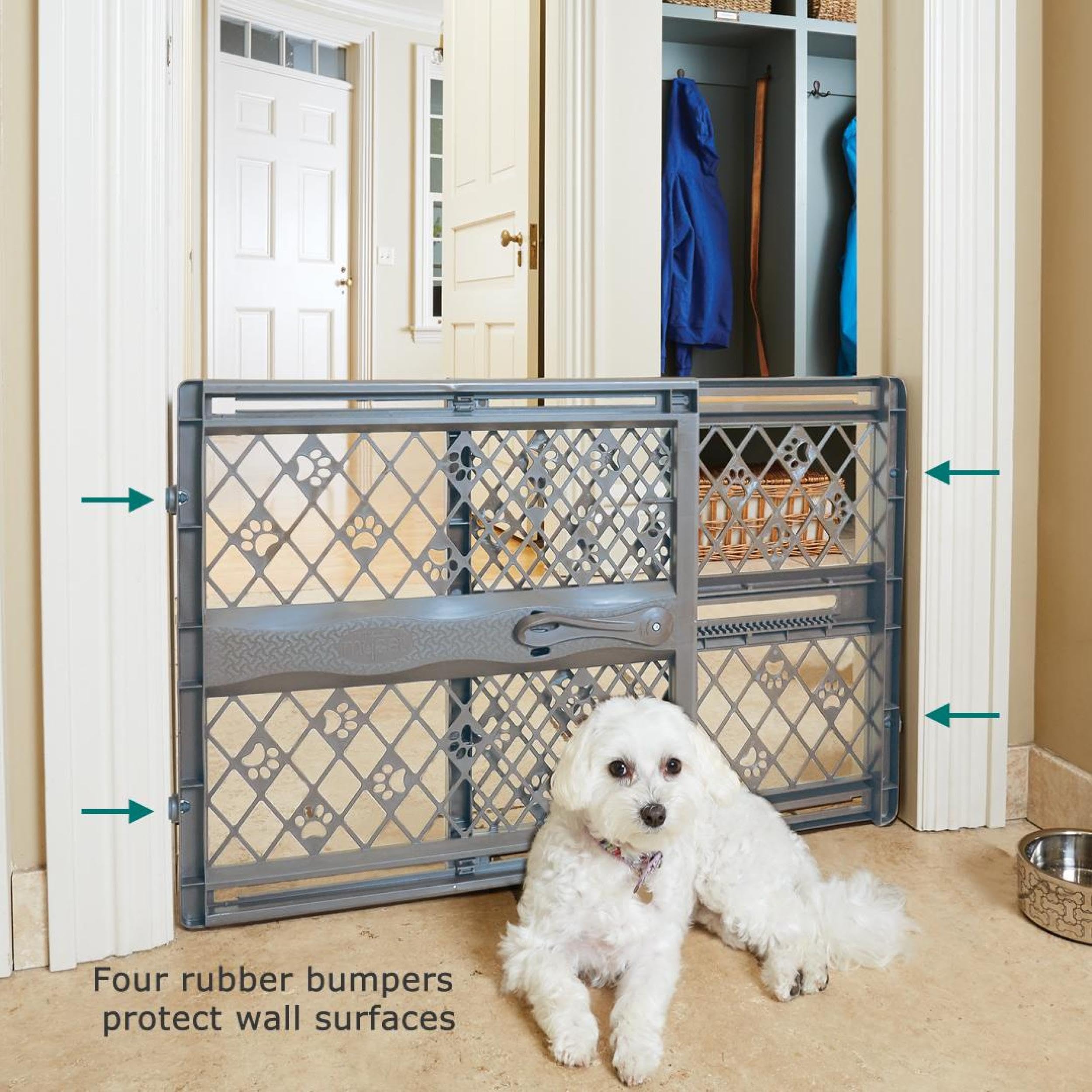 MYPET North States Paws Portable Pet Gate: 26-40" Wide. Pressure Mount. No Tools Needed. Made in USA. Dog Gate 23" Tall, Expandable, Durable Dog Gates for Doorways, Fieldstone Gray