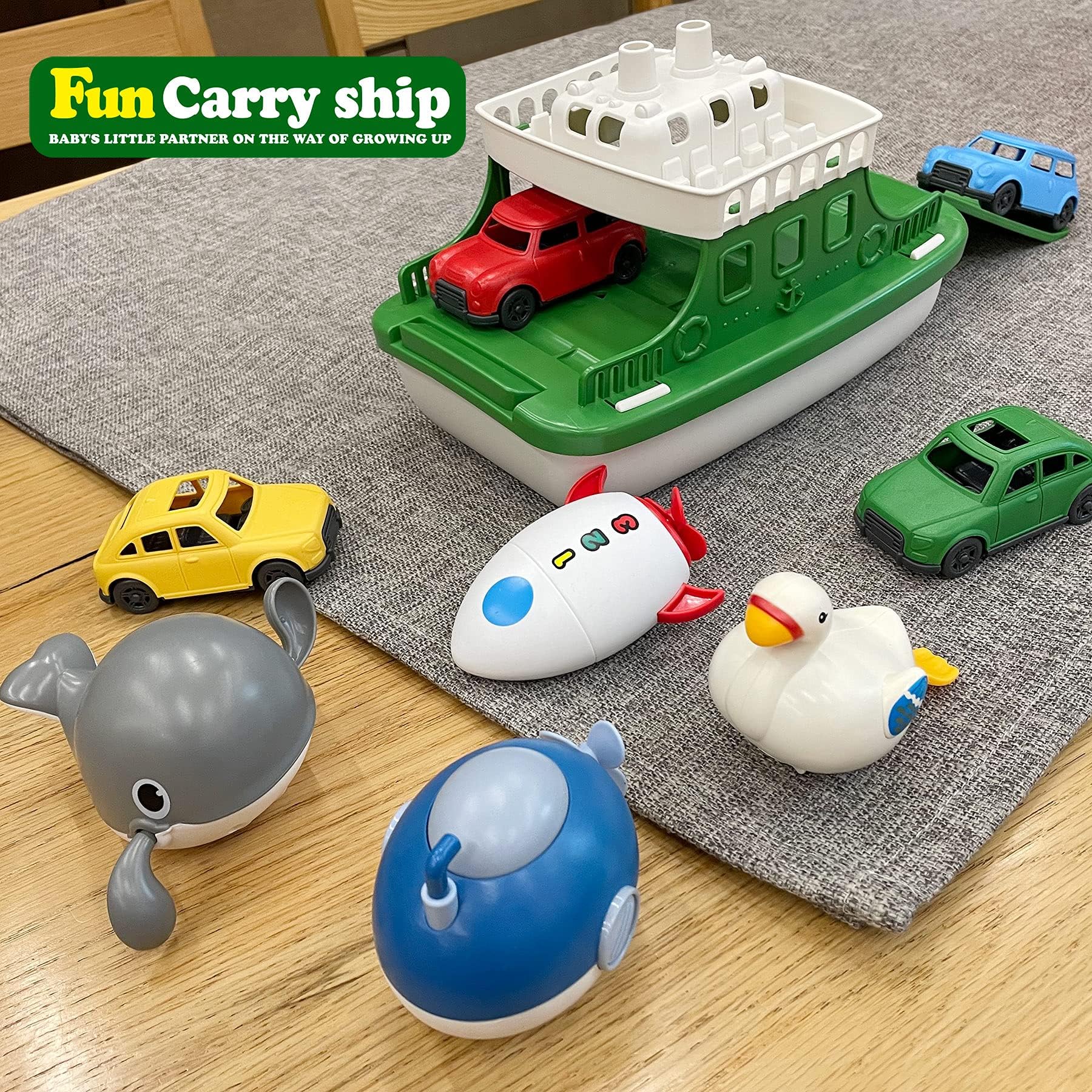 OKGIUGN Ferry Boat with 4 Car and 4 Wind Up Bath Swimming Toys, Kids Bath Toy Floating Vehicle Whales Submarines Swans Rockets, Bathtub Bathroom Pool Beach Toy Set for Toddlers Boys Girls