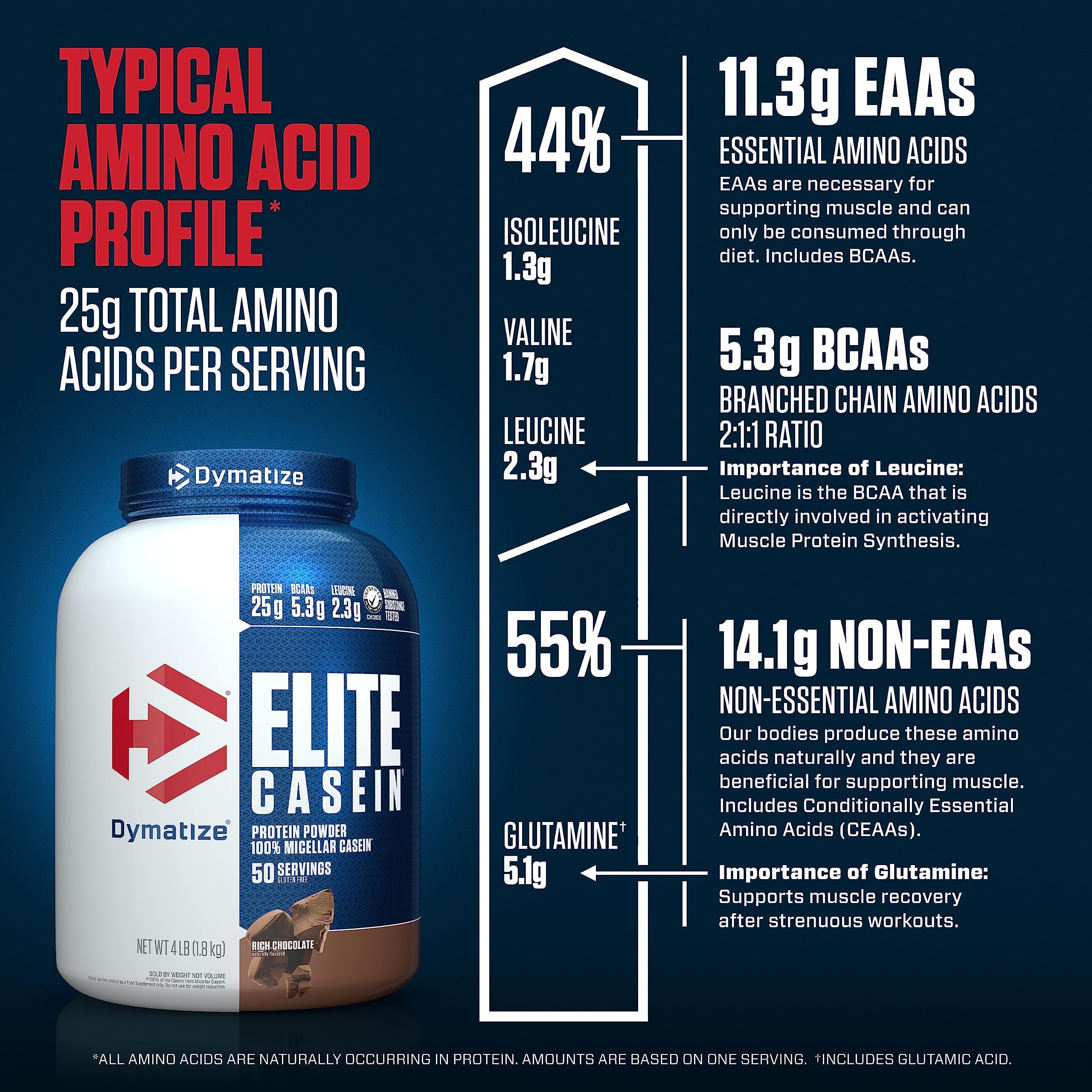 Dymatize Elite Casein Protein Powder, Slow Absorbing with 25g Protein, BCAAs & Leucine for Muscle Building and Overnight Recovery, Rich Chocolate, 4 Pound