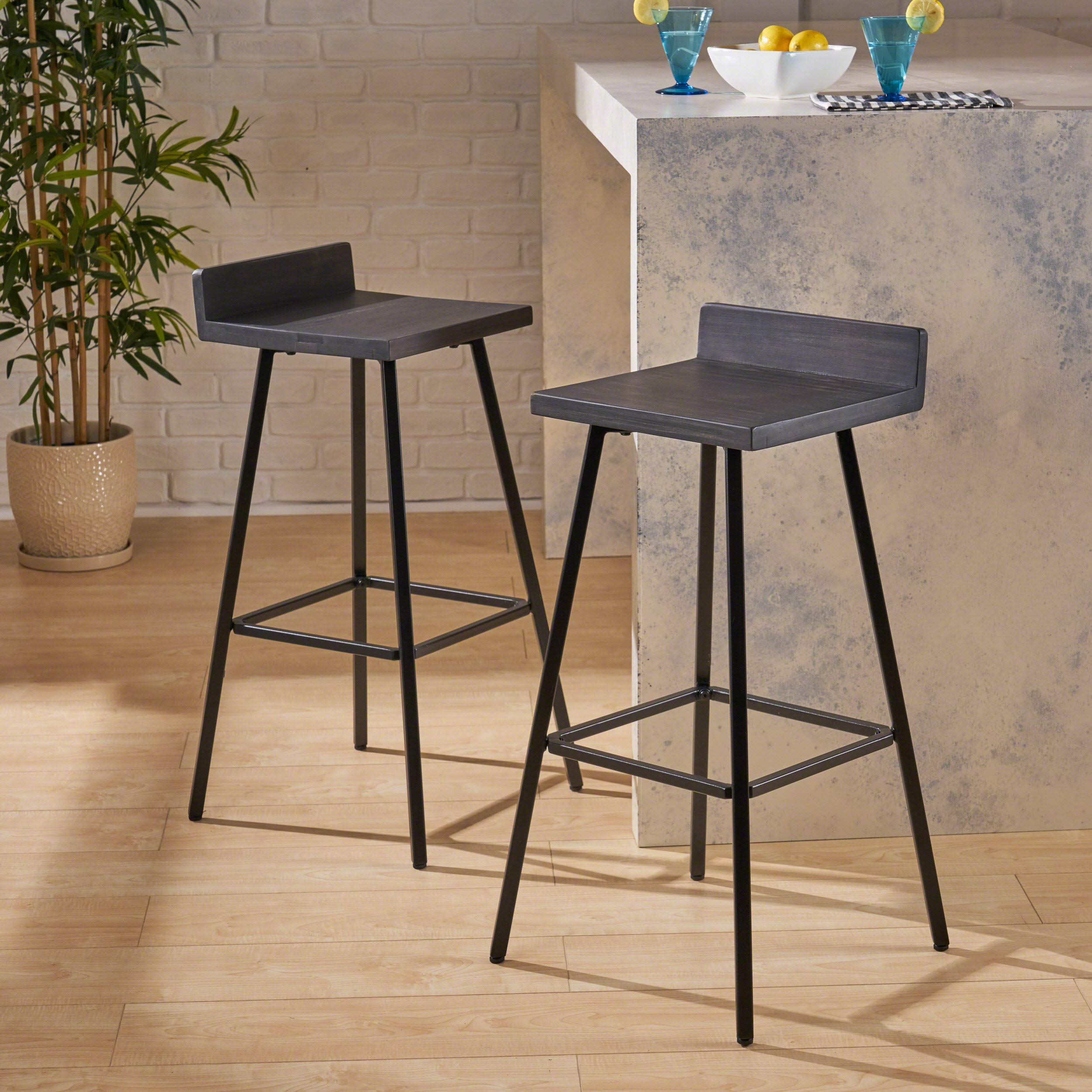 Christopher Knight Home Hazel Indoor Bar Stools, Modern, Contemporary, Dark Gray Acacia Wood with Iron Legs (Set of 2)