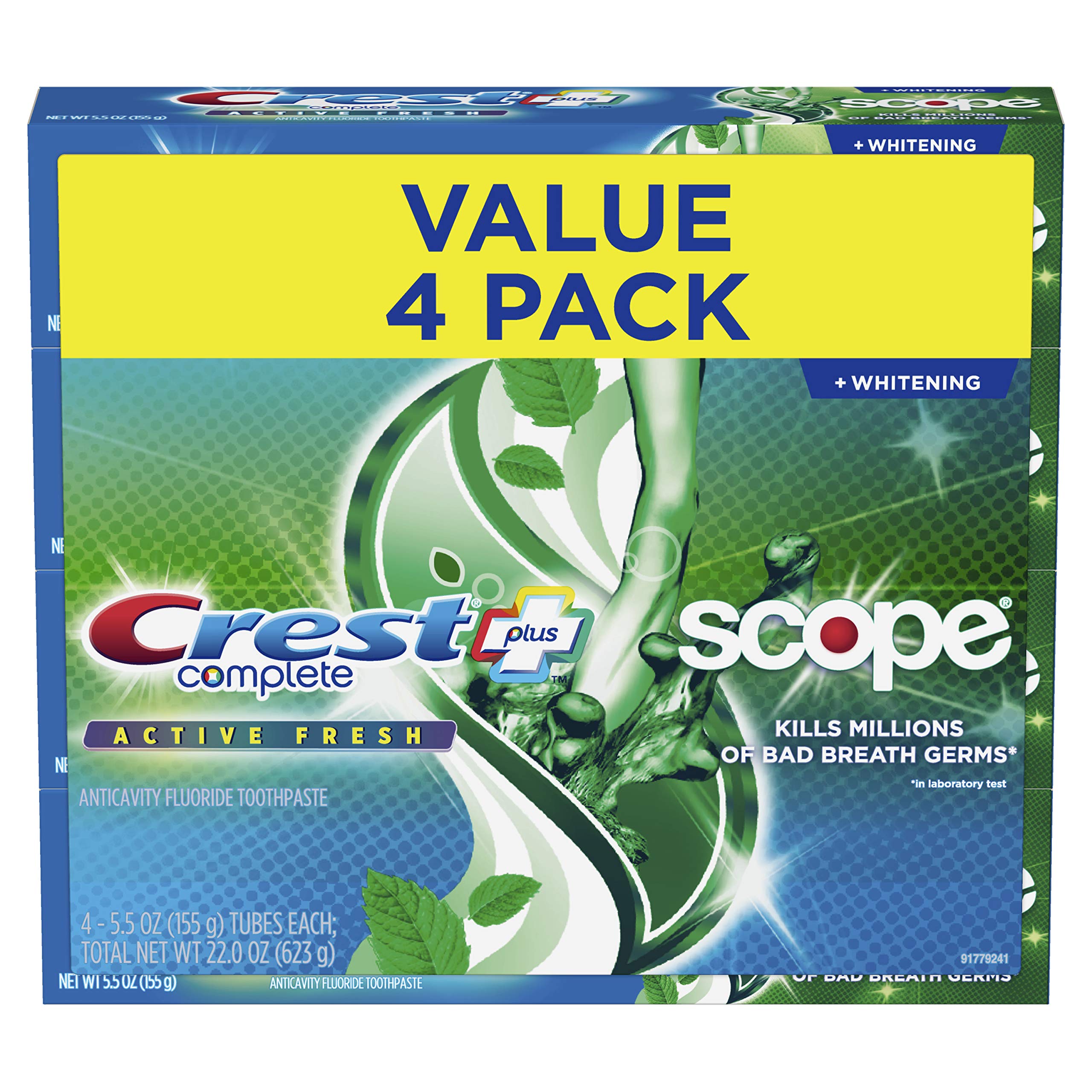 Crest Whitening Plus Scope, Complete Active Fresh + Whitening Toothpaste, 5.5oz, Toothpaste Sensitive Teeth, Pack of 4