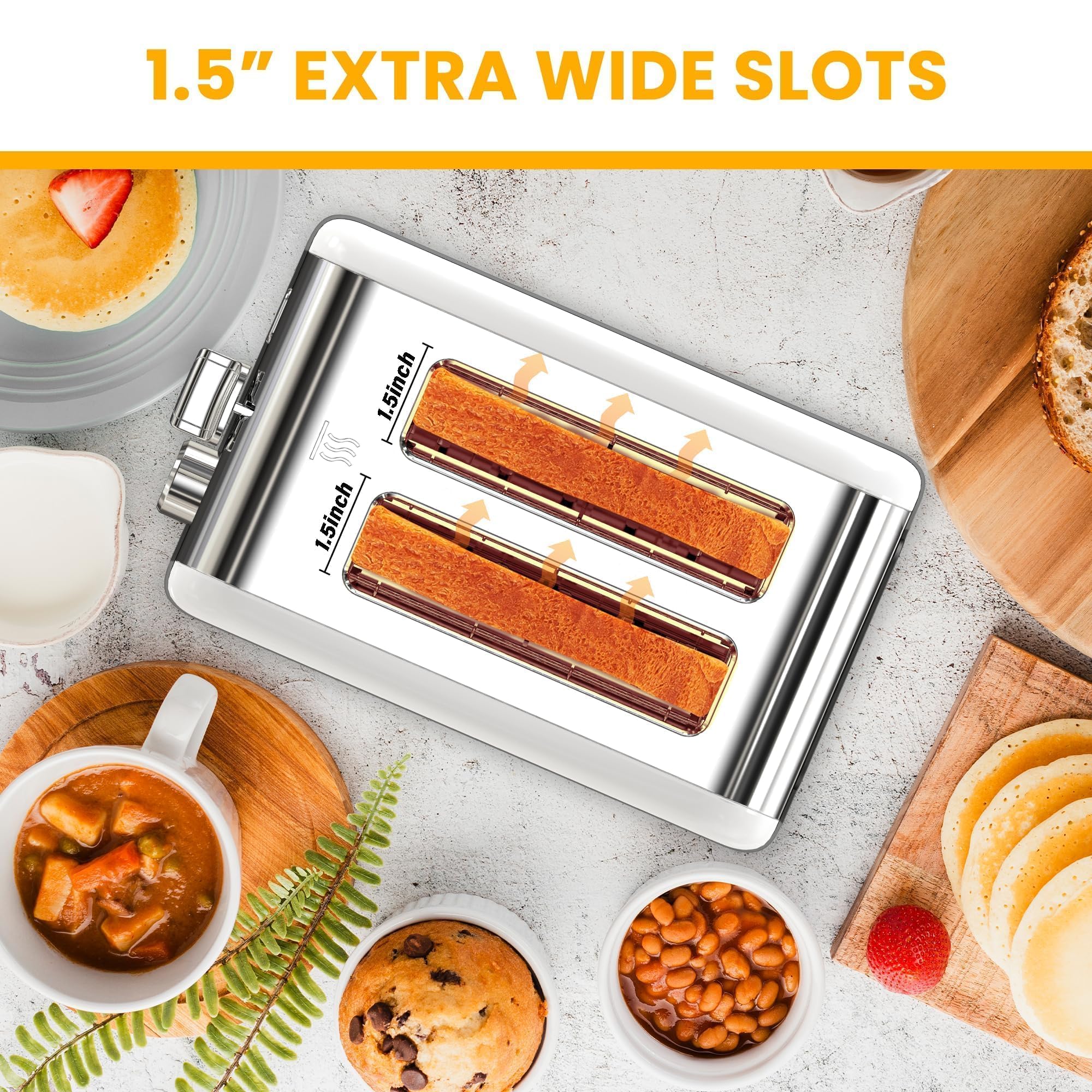 Simple Deluxe 2-Slice Toaster, Stainless Steel Construction with 6 Browning Levels & 3 Cooking Functions, Extra Wide Slots & Removable Crumb Tray for Easy Cleaning, White