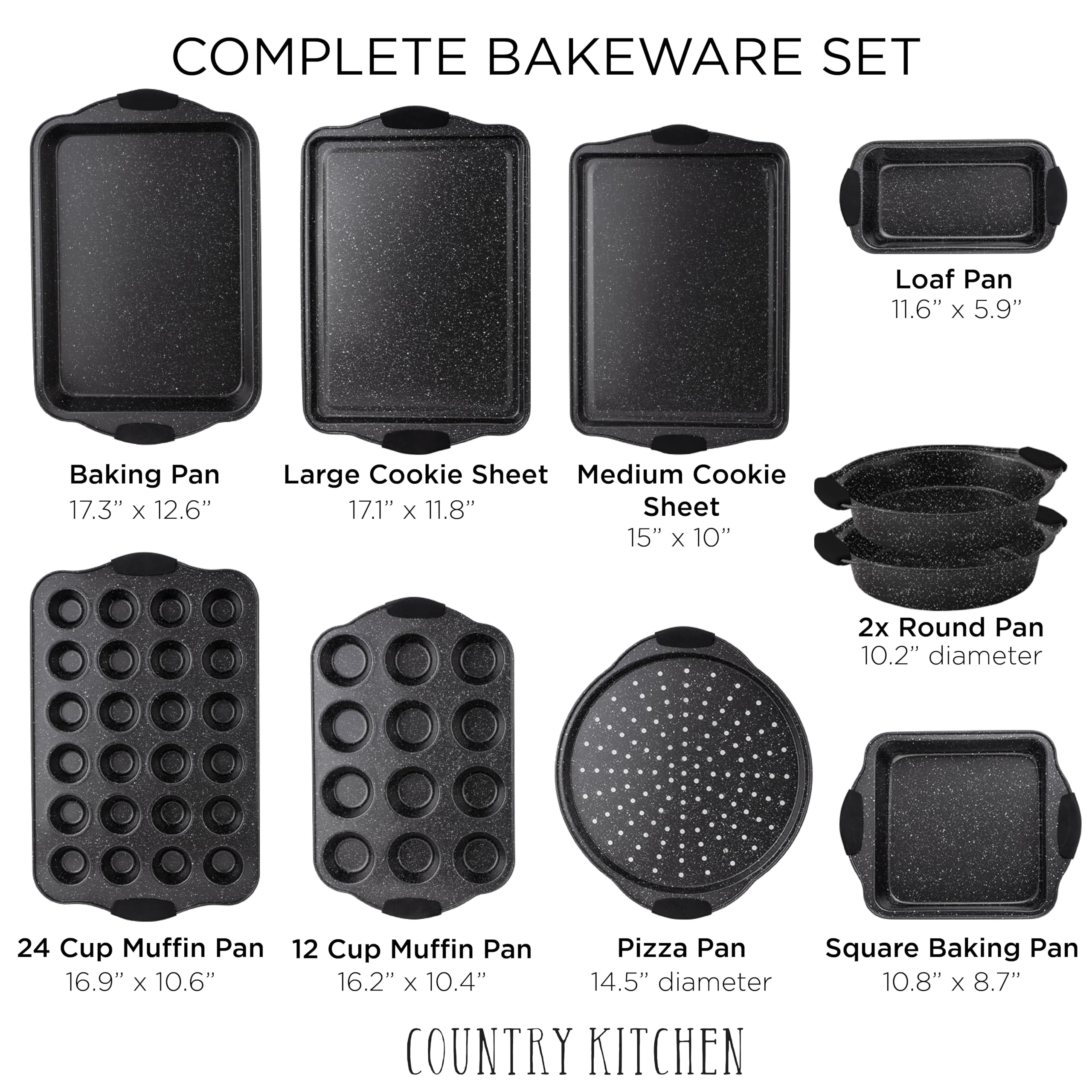 Country Kitchen 10-Piece Nonstick Stackable Bakeware Set - PFOA, PFOS, PTFE Free Baking Tray Set w/Non-Stick Coating, 450°F Oven Safe, Round Cake, Loaf, Muffin, Wide/Square Pans, Cookie Sheet