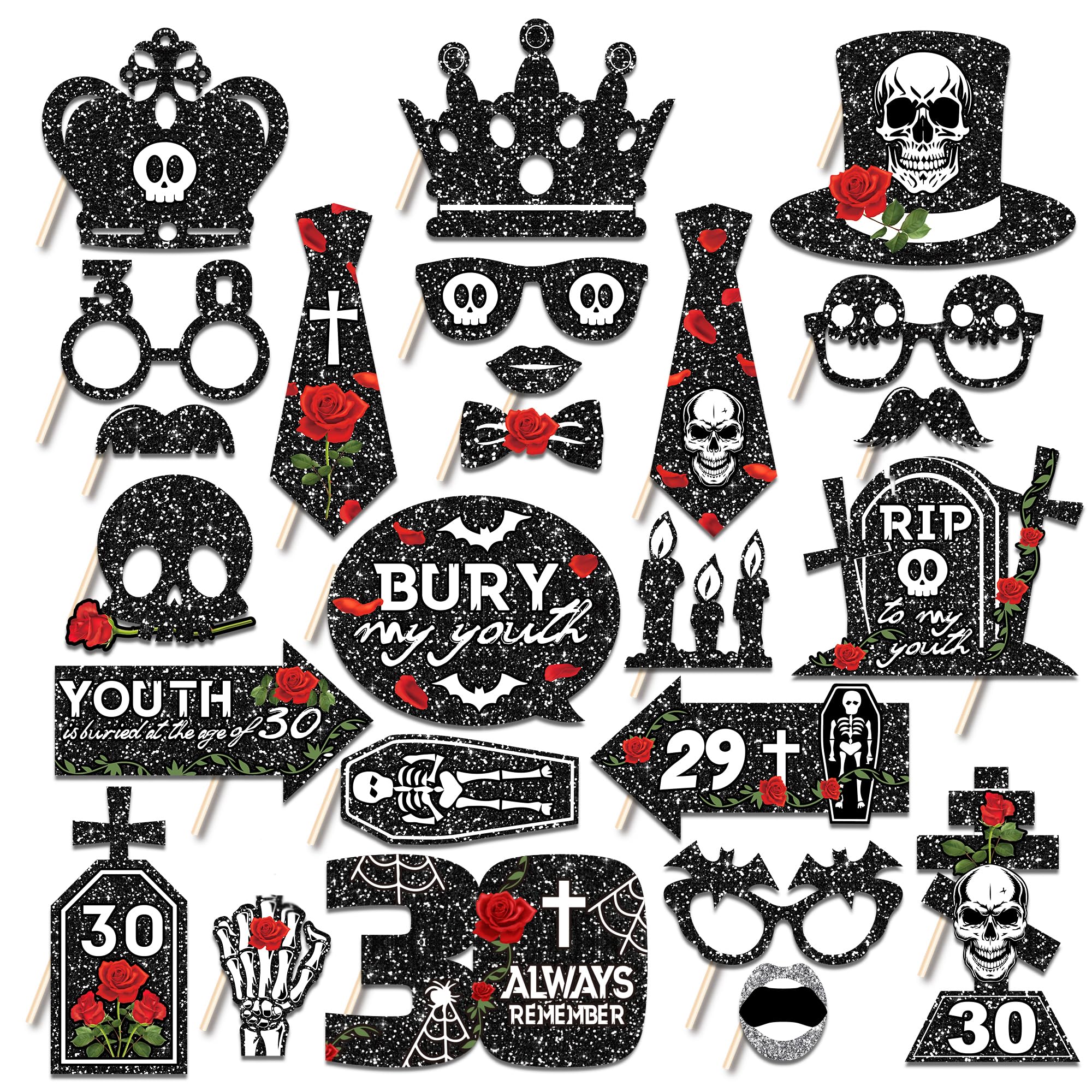 25pcs 30th Birthday Photo Booth Props with Stick 30 Birthday Party Supplies Rip to My Youth Skull Selfie Prop for My Youth Funny Thirtieth Black Birthday Party Decoration