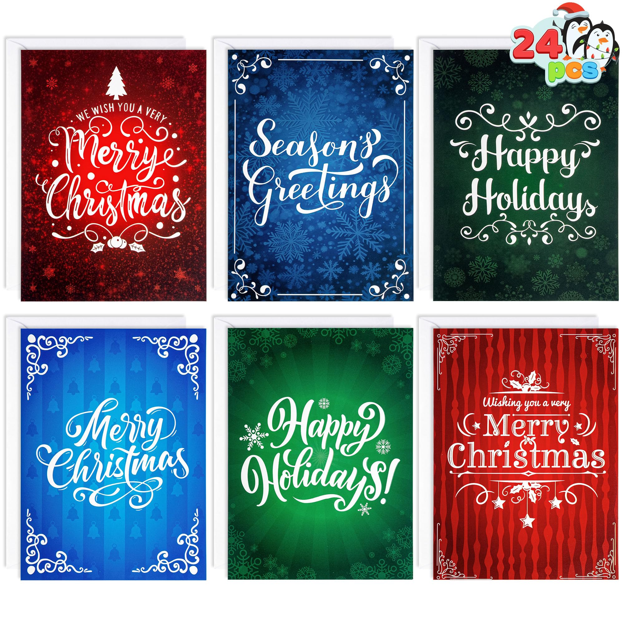 JOYIN 24 PCS Christmas Holiday Greeting Cards Bulk Collection 6 Diverse Coloful Designs Assortment with Envelopes, Elegant Lettering for Merry Christmas Season, present Giving, Xmas Gifts Cards