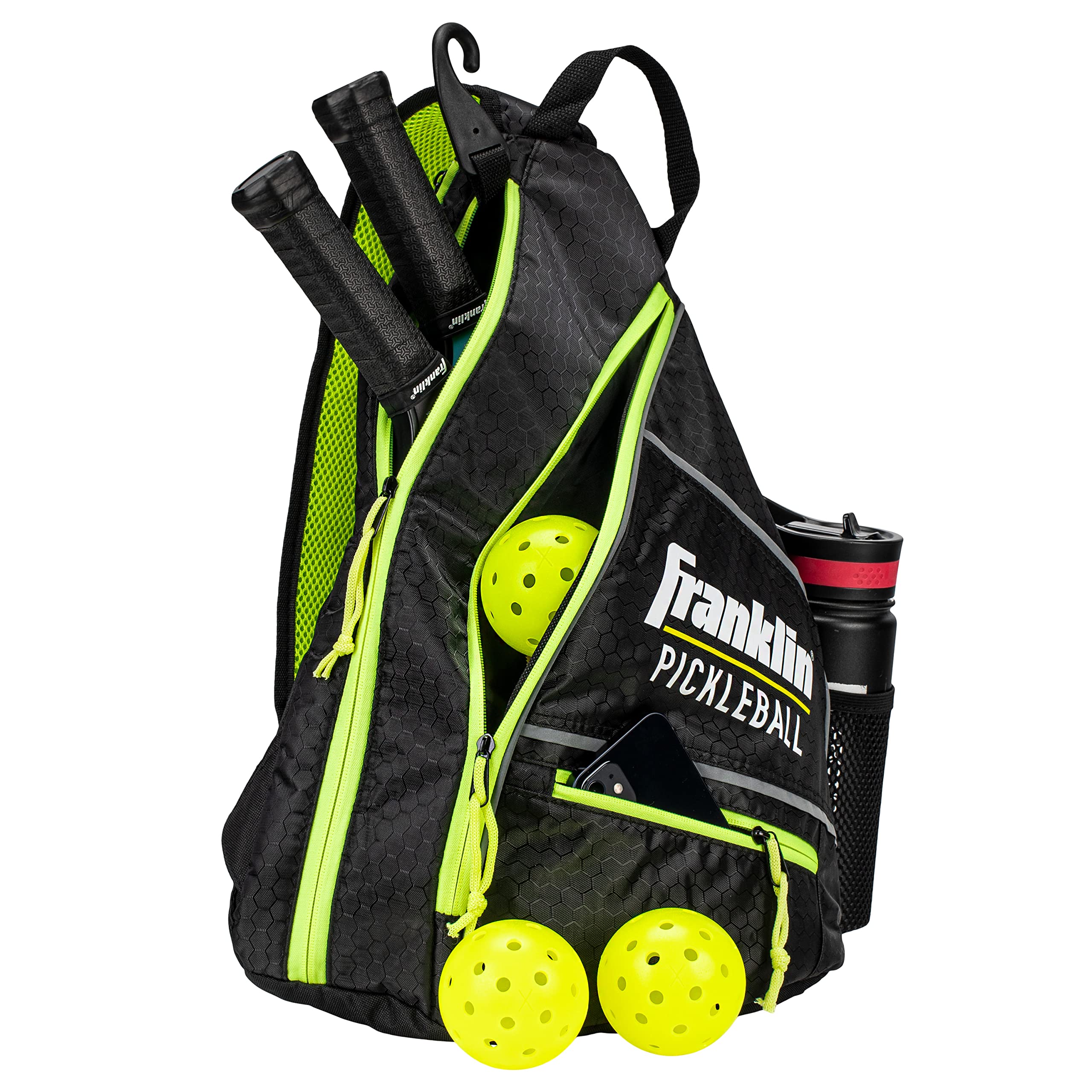 Franklin Sports Sling Bag Backpack for Pickleball Gear + Equipment - Holds Paddles, Balls + Accessories - Official US Open Bag for Men + Women, Black/Green