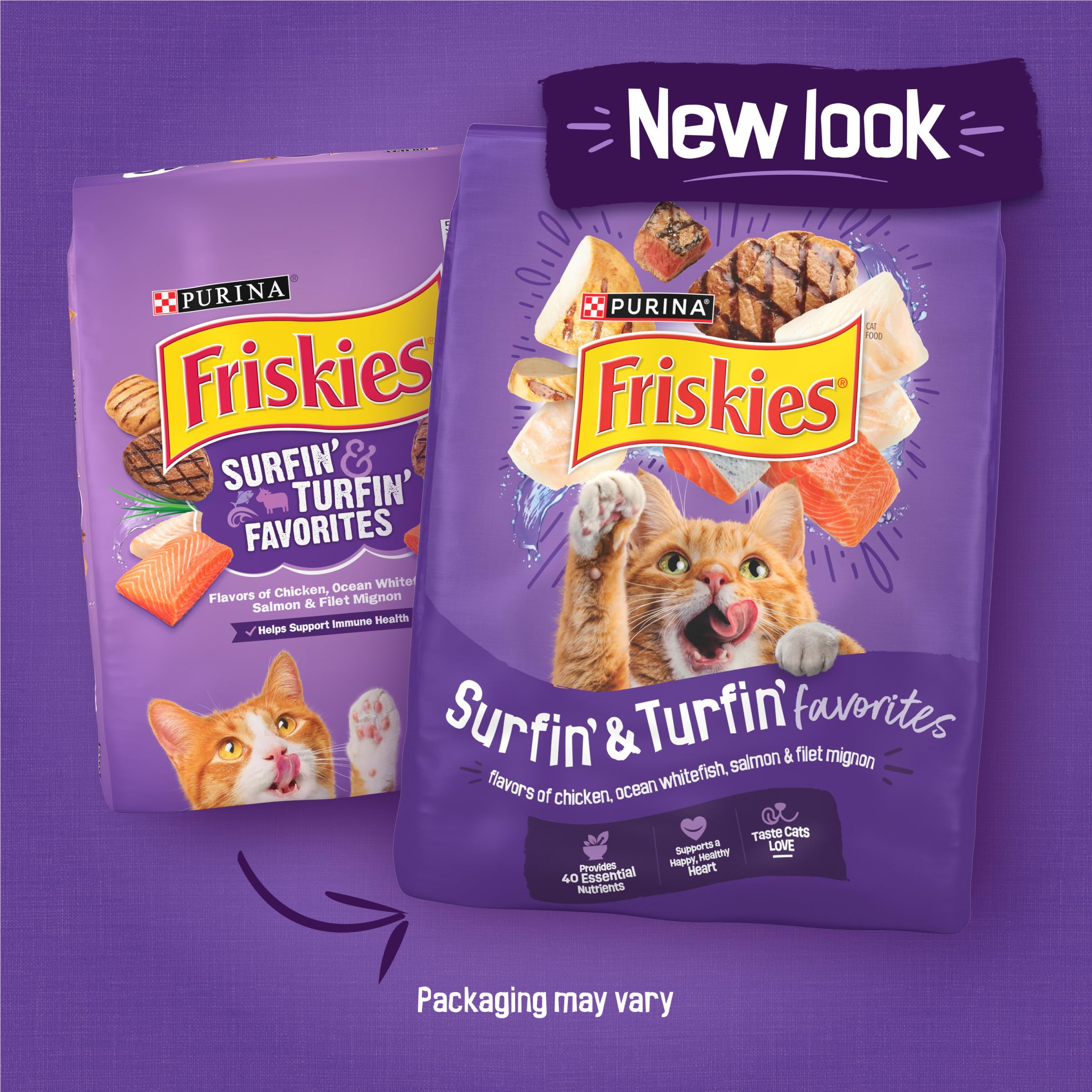 Purina Friskies Cat Food Surfin and Turfin Favorites Flavors of Chicken, Whitefish, Salmon and Filet Mignon - (Pack of 4) 3.15 lb. Bags