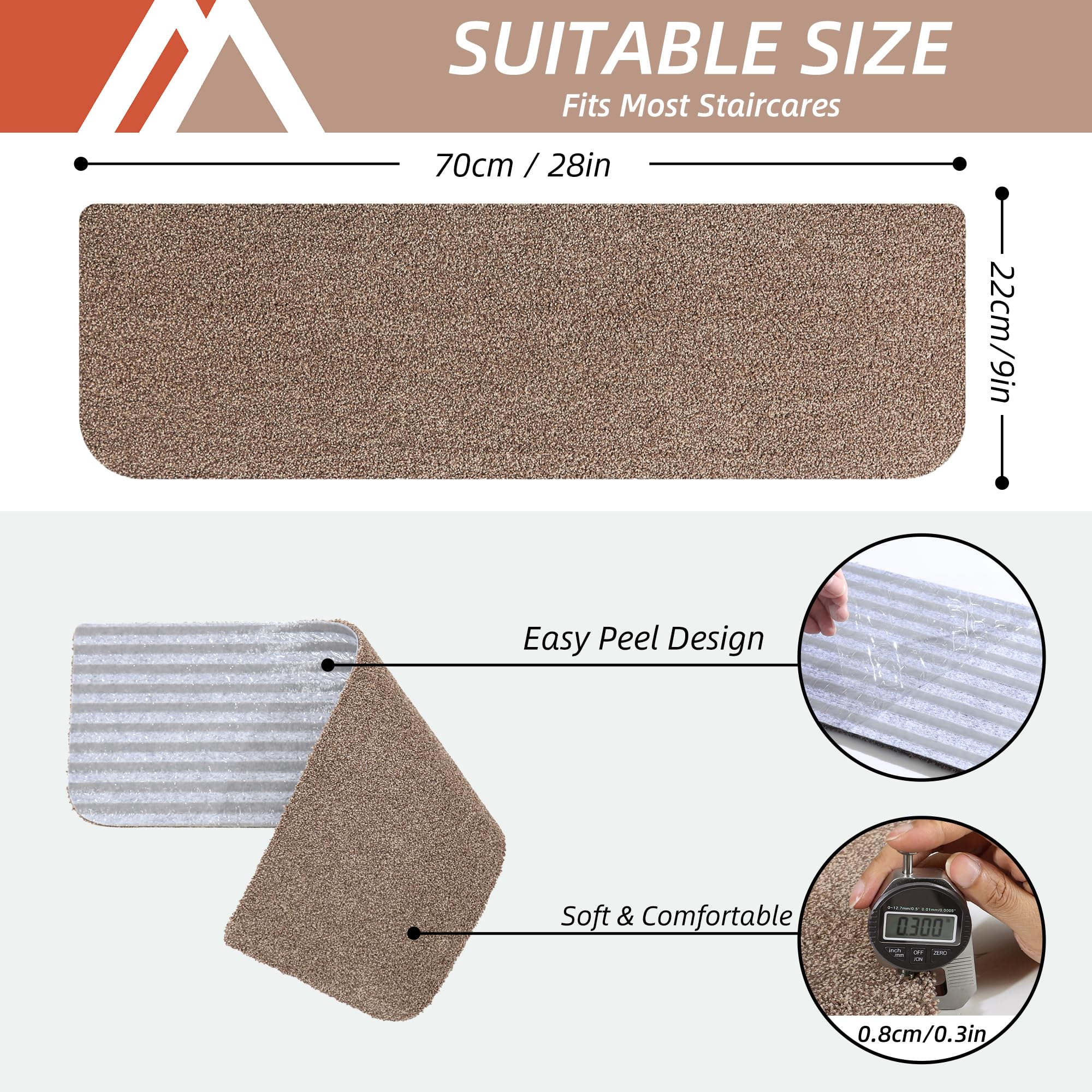 COSY HOMEER Stair Treads Non-Slip 15pcs Carpet Mat 28inX9in Indoor Stair Runners for Wooden Steps, Stair Rugs for Kids and Dogs, 100% Polyester TPE Backing Beige,Protect Floor