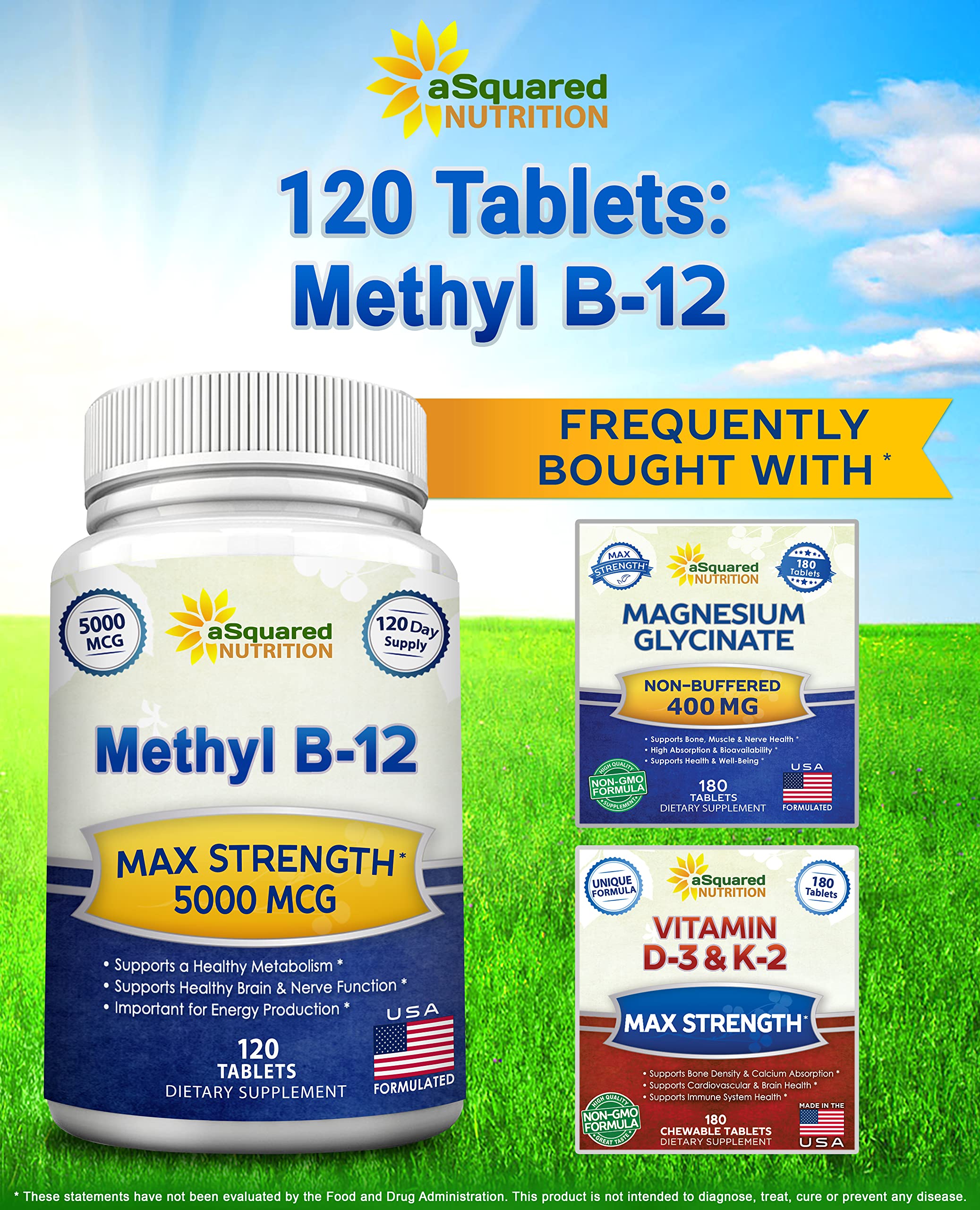 aSquared Nutrition Vitamin B12-5000 MCG Supplement with Methylcobalamin (Methyl B-12) - Max Strength Vitamin B 12 Support to Help Boost Natural Energy, Benefit Brain & Heart Function - 120 Tablets