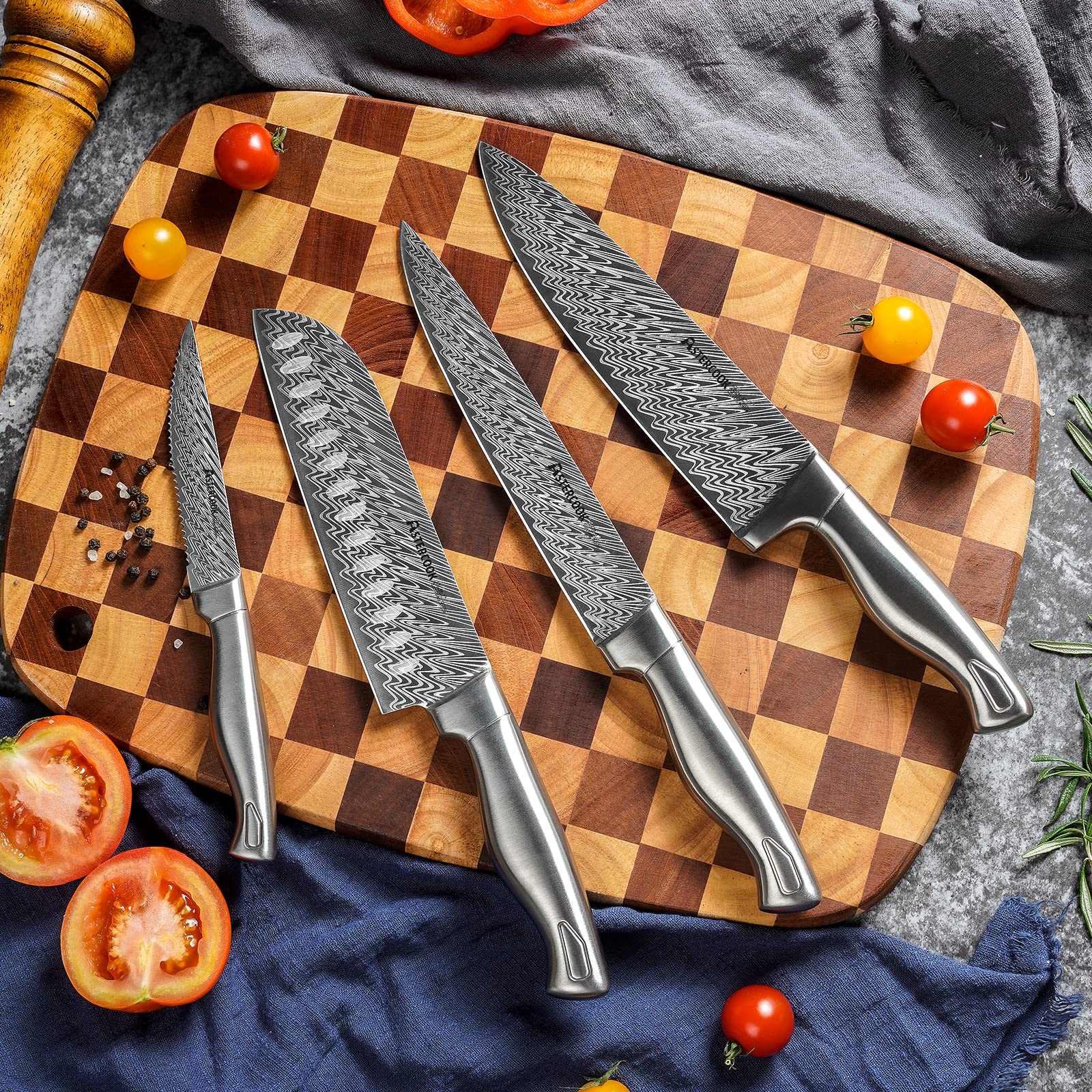 Astercook Knife Set, 15-Piece Kitchen Knife Set with Block, Built-in Knife Sharpener, German Stainless Steel Knife Block Set, Dishwasher Safe
