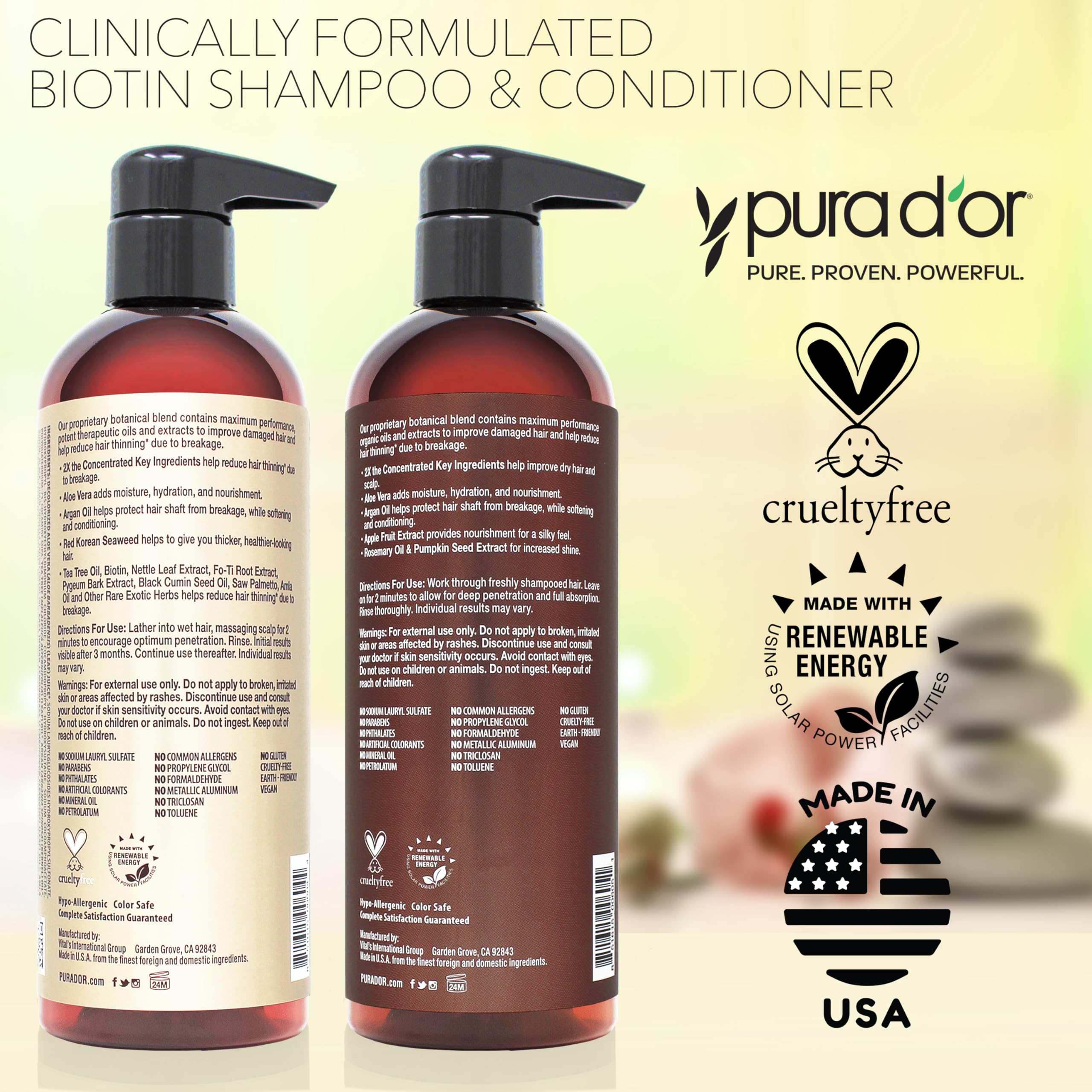 PURA D'OR Professional Grade Clinically Formulated Biotin Shampoo & Conditioner For Hair Thinning - 2X Concentrated DHT Blocker Thickening Products For Women & Men, Sulfate Free, 16oz x2