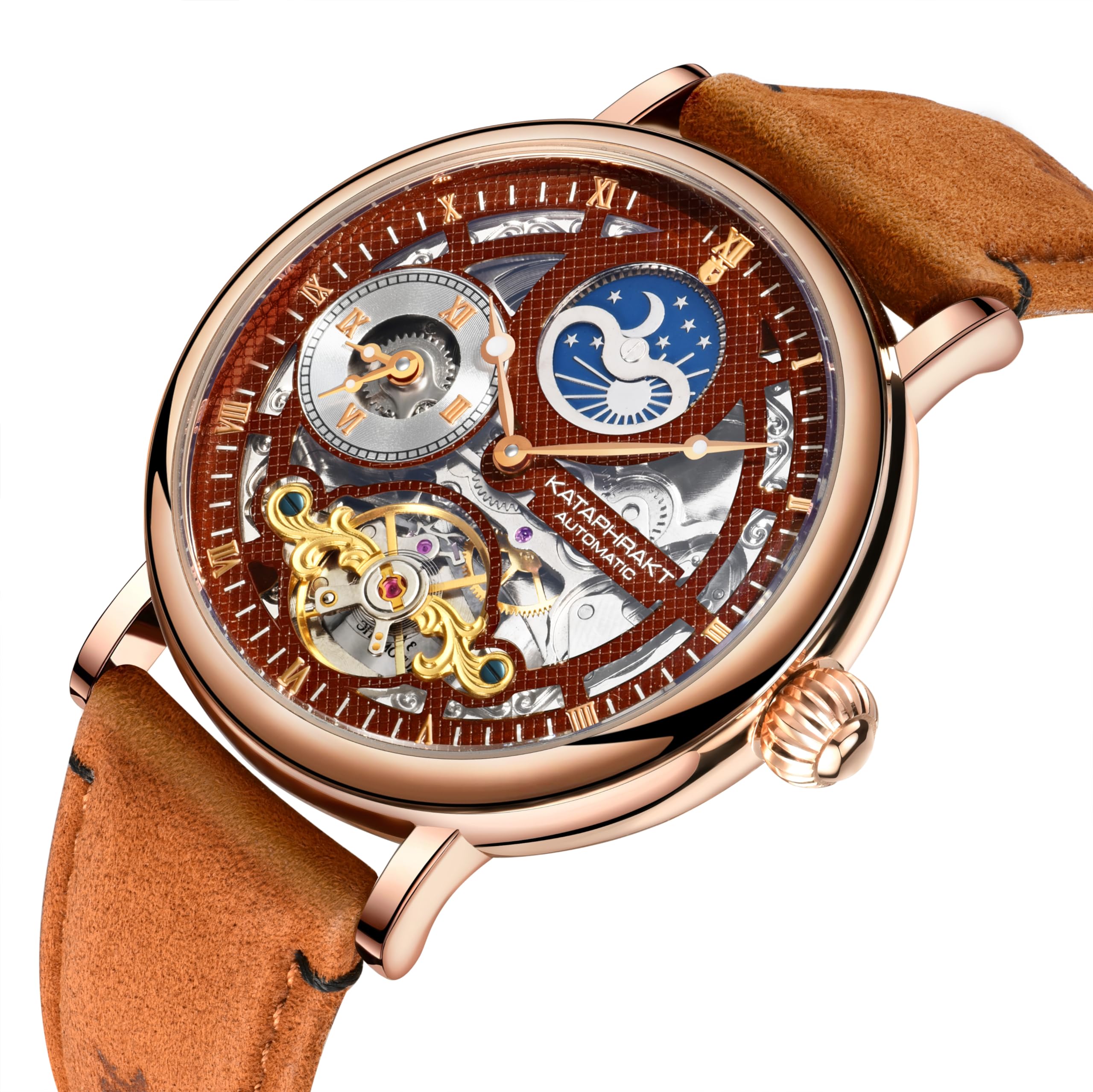 Kataphrakt Hoplon Mechanical Watch - Beautiful Timepiece for The Ultimate Fashion Statement! Robust, Affordable, and Stylish Skeleton Automatic Watch (Mocha Oak)