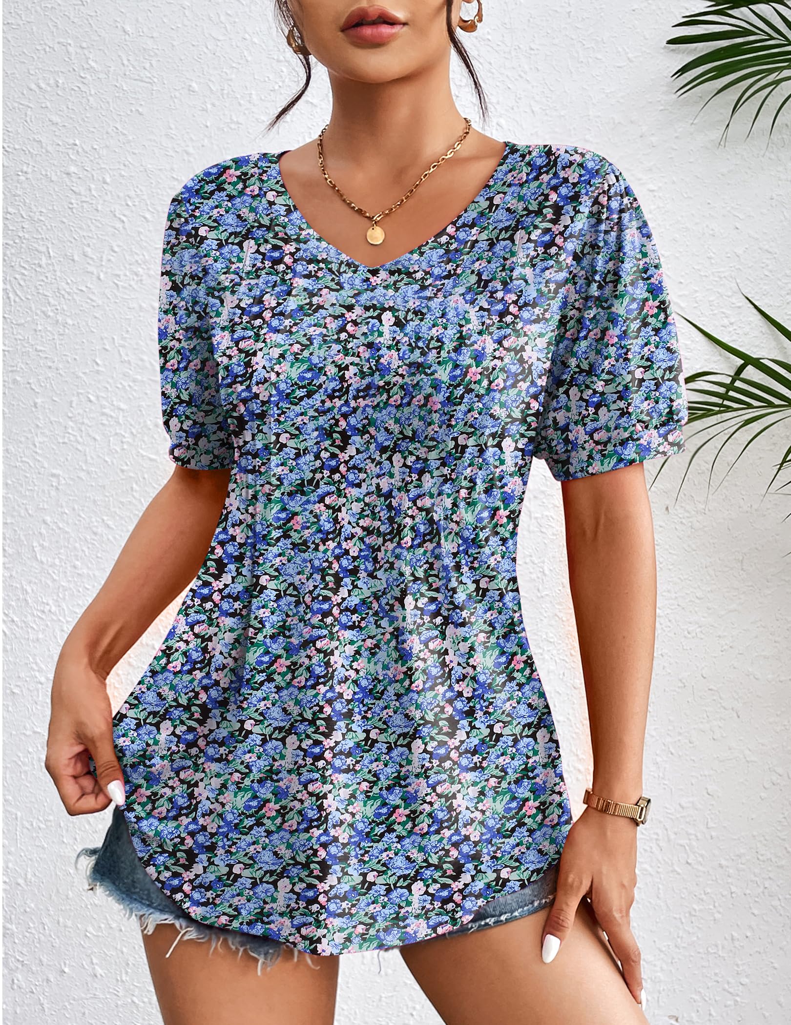 Zeagoo Women Tops and Blouses V Neck Puff Short Sleeve Shirts Soft Lightweight Sping Elegant Floral Tshirt Tunic