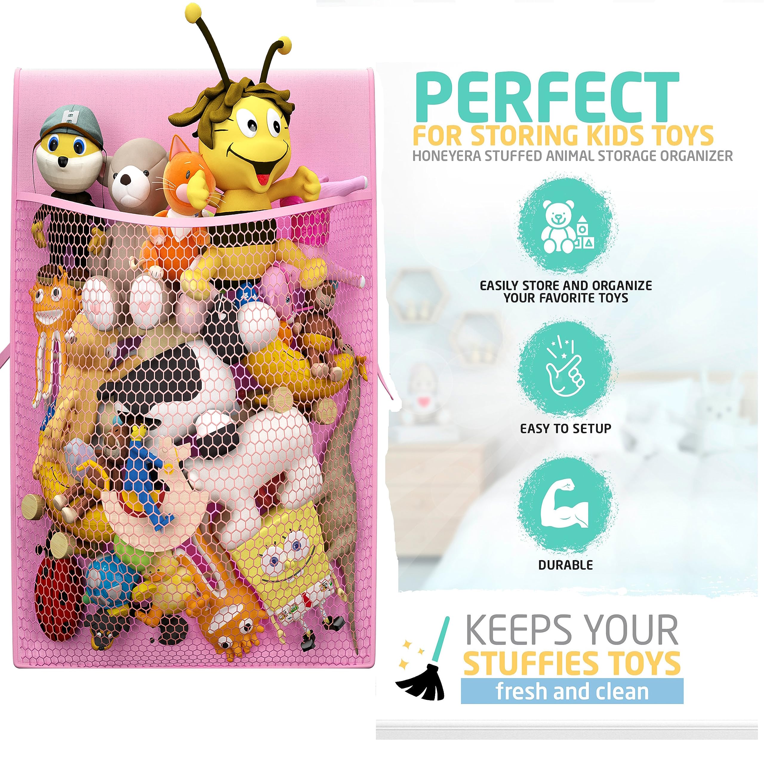 Stuffed Animal Storage Pocket for Closet and Chair Caddy Organizer for Stuffier, Baby Ideas Holder, Toy Plush Storage/Hammock Hanging Storage Net Big Girls Toddler Large Bag Animals Pink