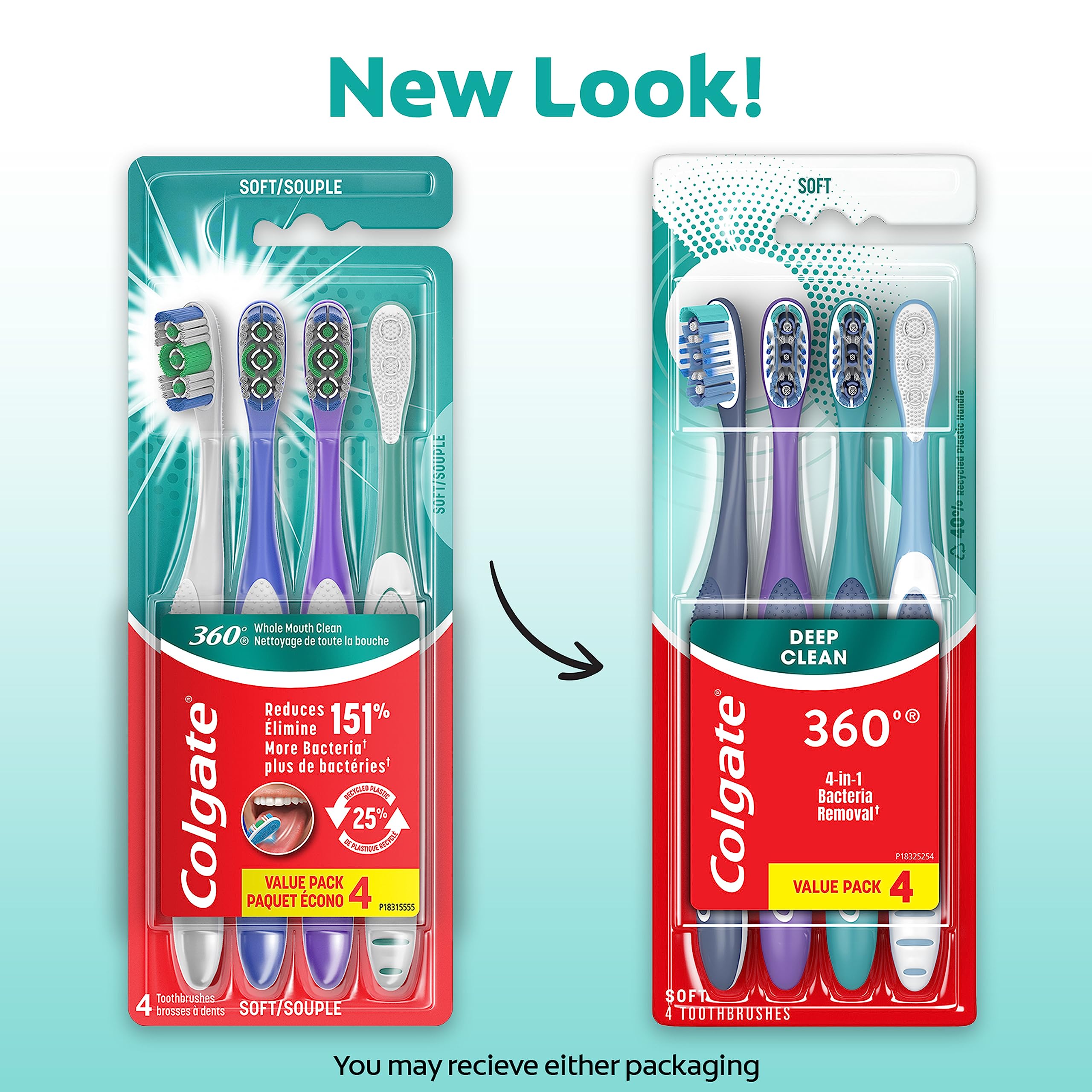 Colgate 360 Whole Mouth Toothbrush, Adult Soft Toothbrush With Tapered Bristles, Features Tongue Cleaner and Ergonomic Handle, Helps Whiten Teeth and Removes Bacteria, 4 Pack