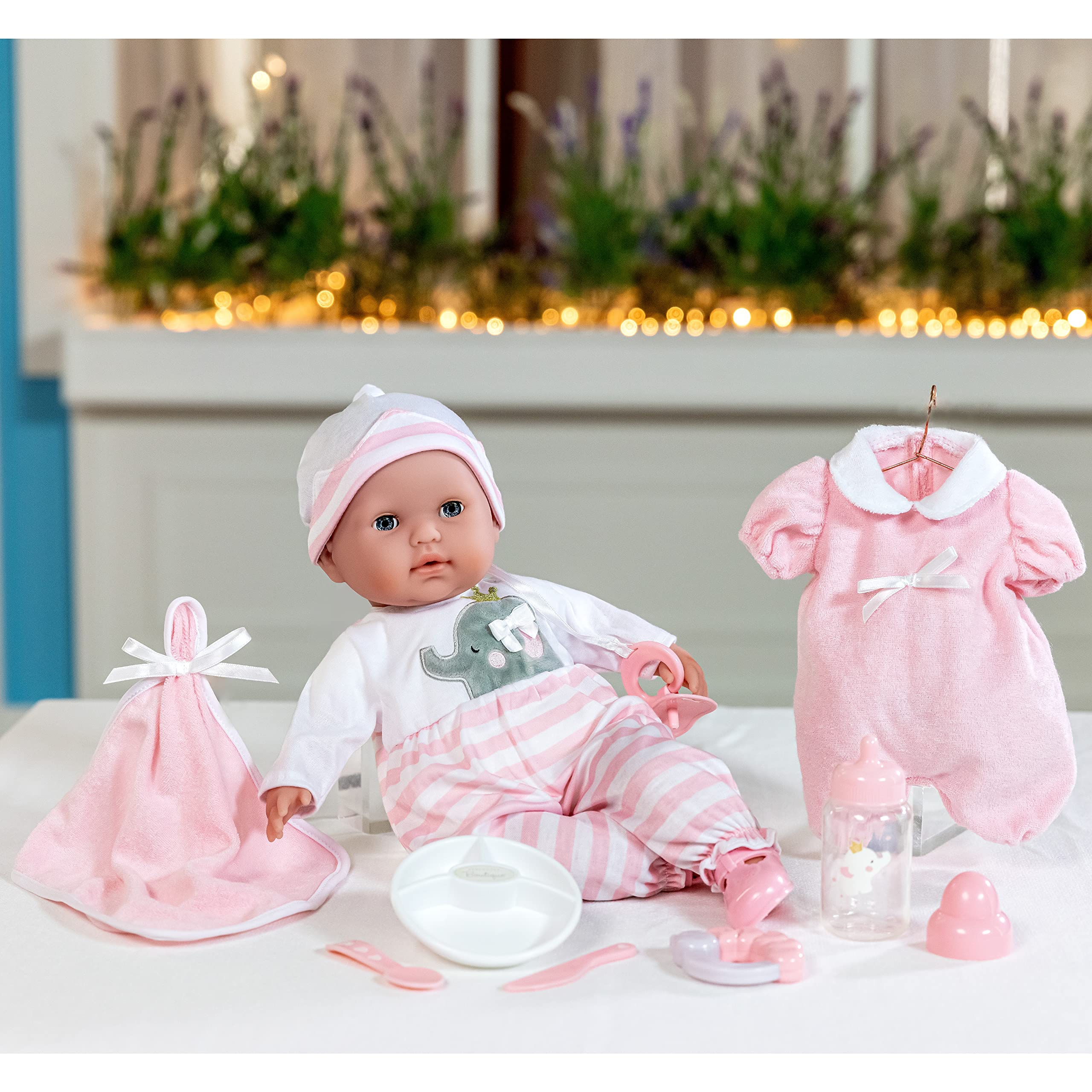 15" Realistic Soft Body Baby Doll with Open/Close Eyes | JC Toys - Berenguer Boutique | 10 Piece Gift Set with Bottle, Rattle, Pacifier & Accessories | Pink | Ages 2+