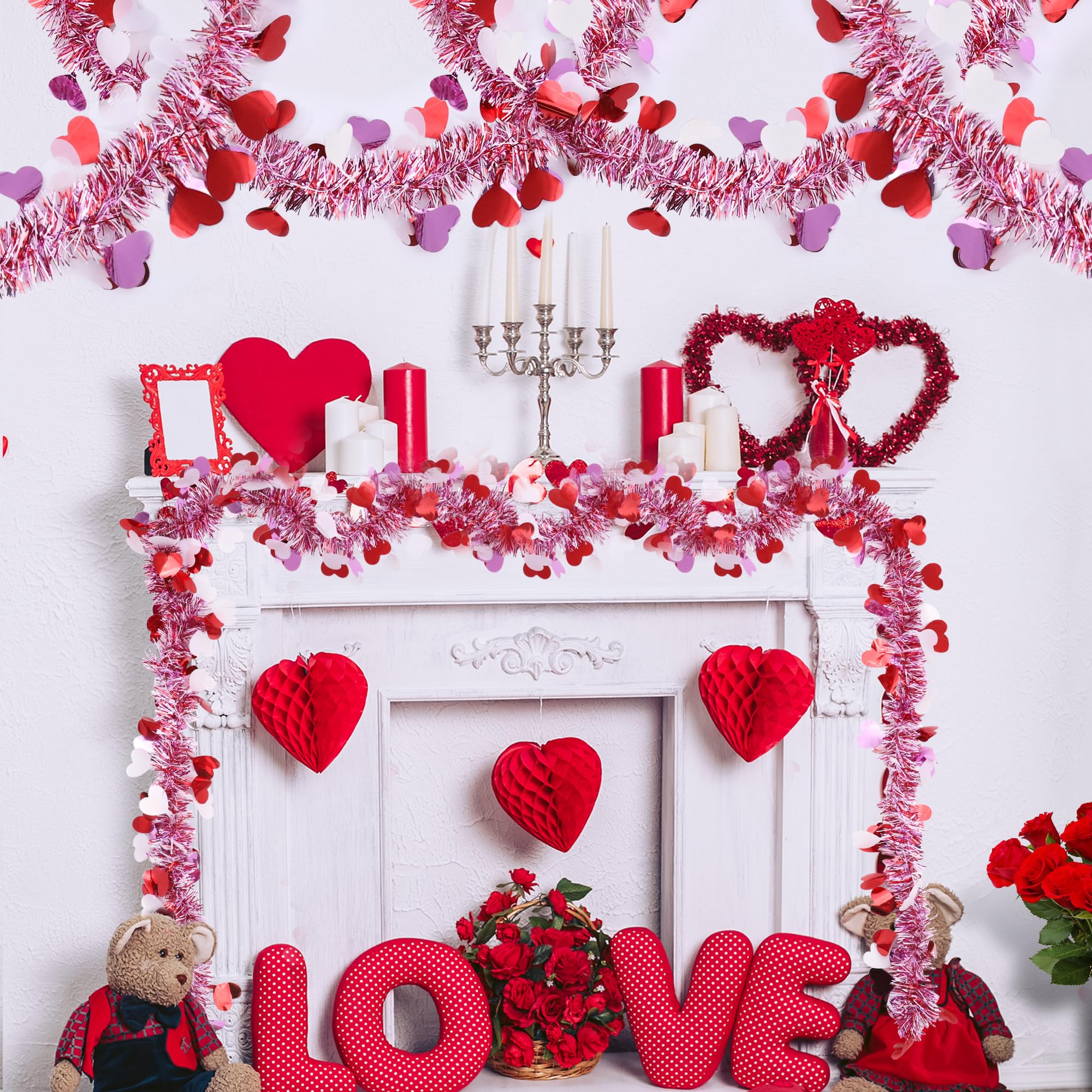 33 Ft Valentines Heart Tinsel Garland Decorations, Valentines Day Red Pink White Metallic Garland Valentine's Day Decorations for Home Indoor Outdoor Wedding Hanging Valentines Day Decor