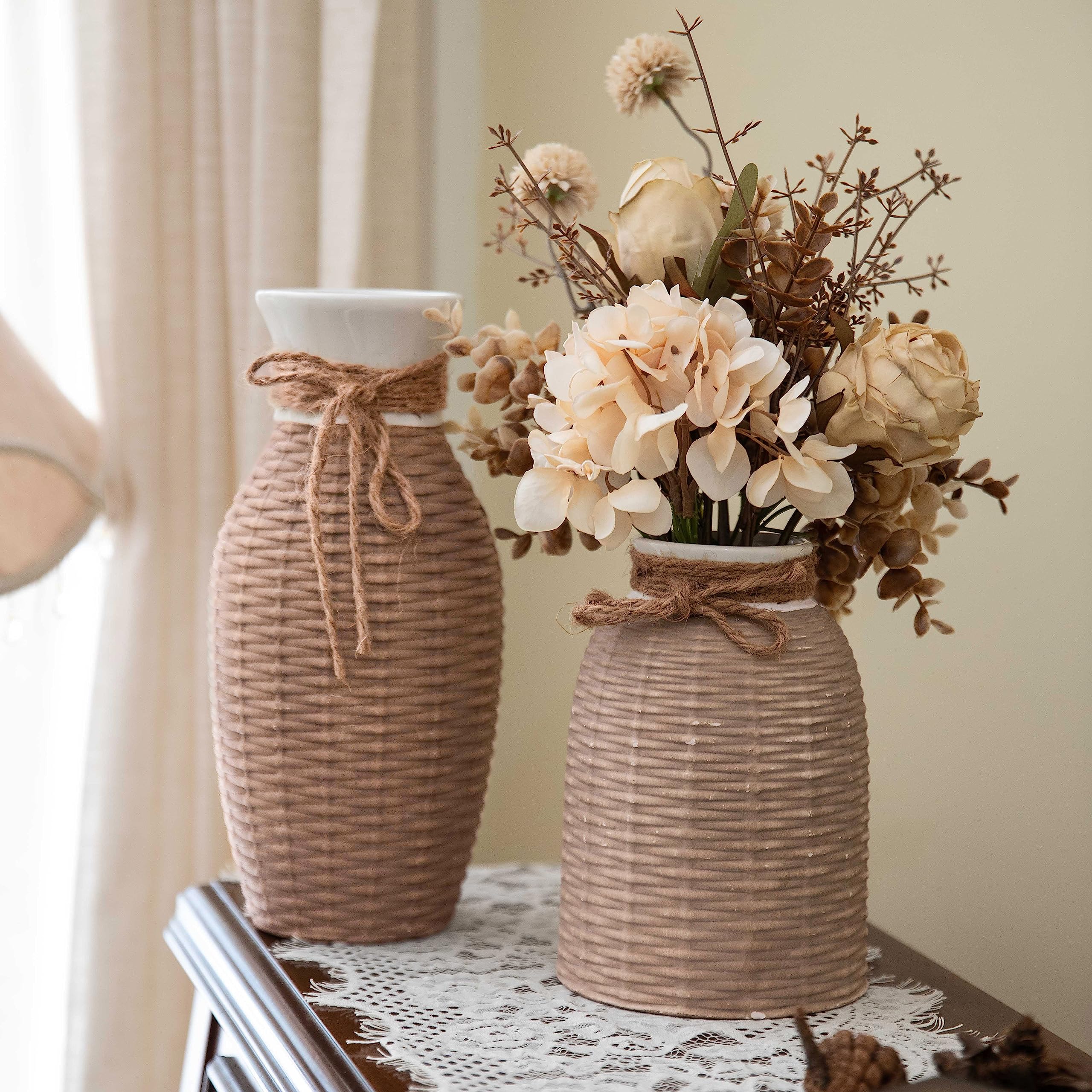 TERESA'S COLLECTIONS Fall Vase, Rustic Farmhouse Rattan Ceramic Vases for Pampas Grass, Boho Home Decor for Table Centerpiece Mantel Living Room, Housewarming Gifts for Mom,Vase Set of 2, 10"