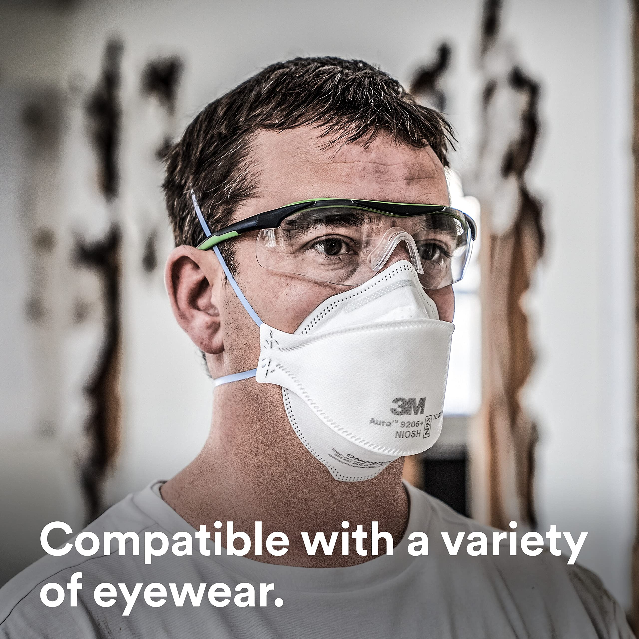 3M Aura Particulate Respirator 9205+, N95, Pack of 20 Disposable Respirators, Individually Wrapped, 3 Panel Flat Fold Design Allows for Facial Movements, Comfortable, NIOSH Approved, Smoke