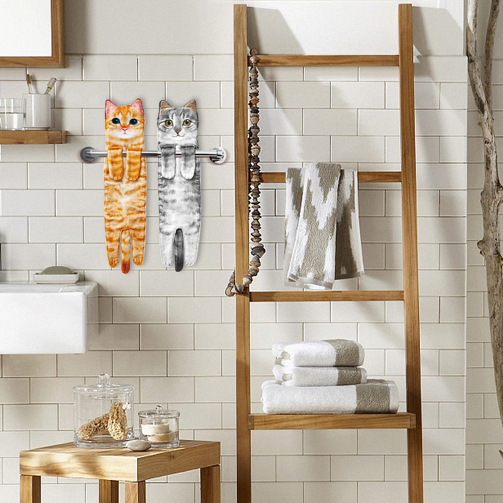 Cat Funny Hand Towels for Bathroom Kitchen - Cute Decorative Cat Decor Hanging Washcloths Face Towels Super Absorbent Soft - Valentine Housewarming Birthday Gift for Women Cat Lovers - Orange