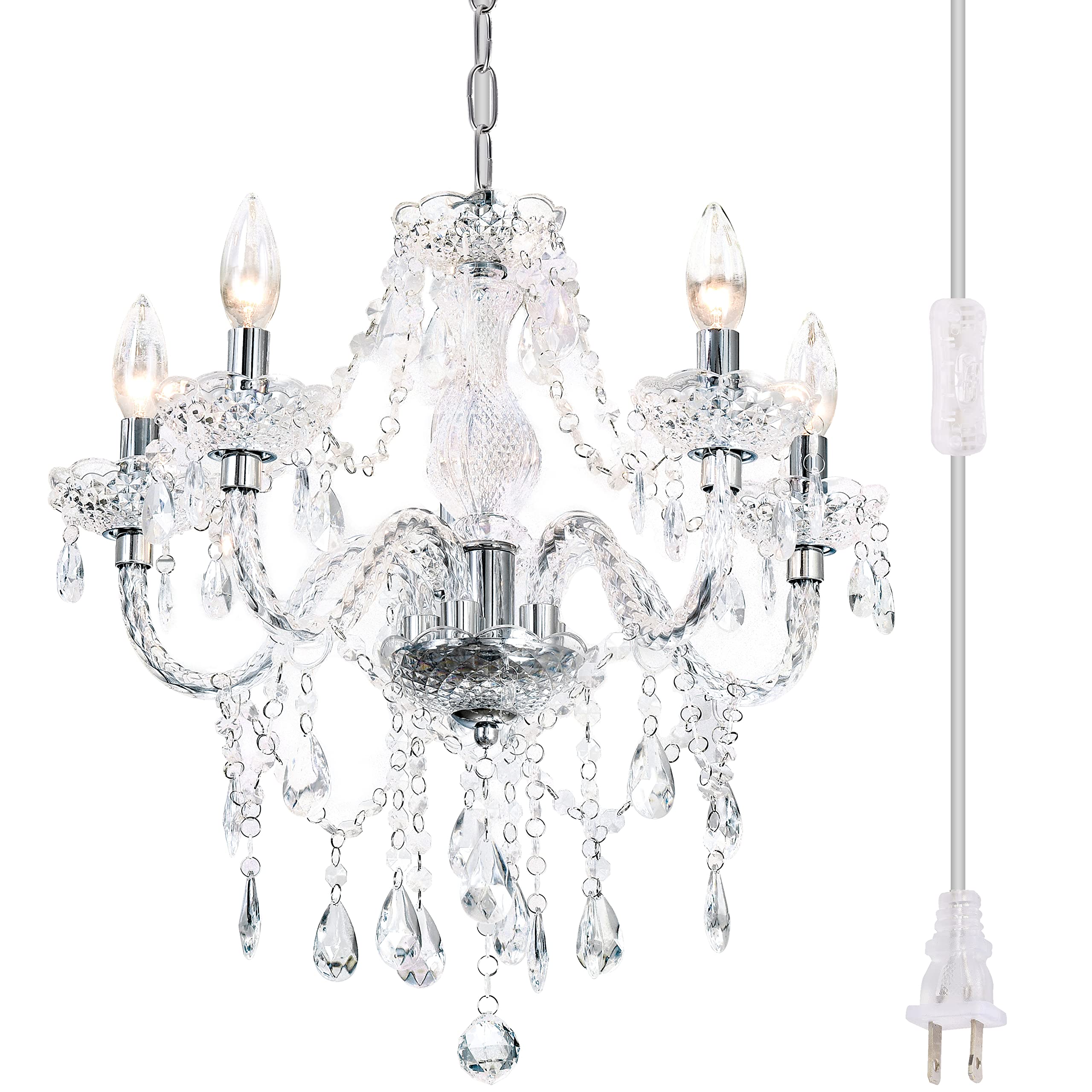 Plug-in 5 Light Crystal Hanging Pendant Lights Acrylic Chandelier with Clear Cord & On/Off Switch H19 D19.7 for Kitchen Island Girls' Room Dining Area Laundry Pavilion.