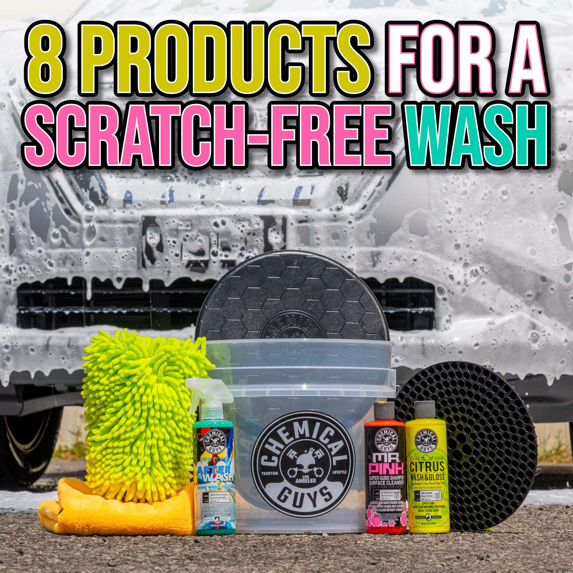 Chemical Guys HOL_128 Car Cleaning Kit, with Car Wash Soap, Car Wash Bucket and 16oz Car Care Cleaning (8 items)