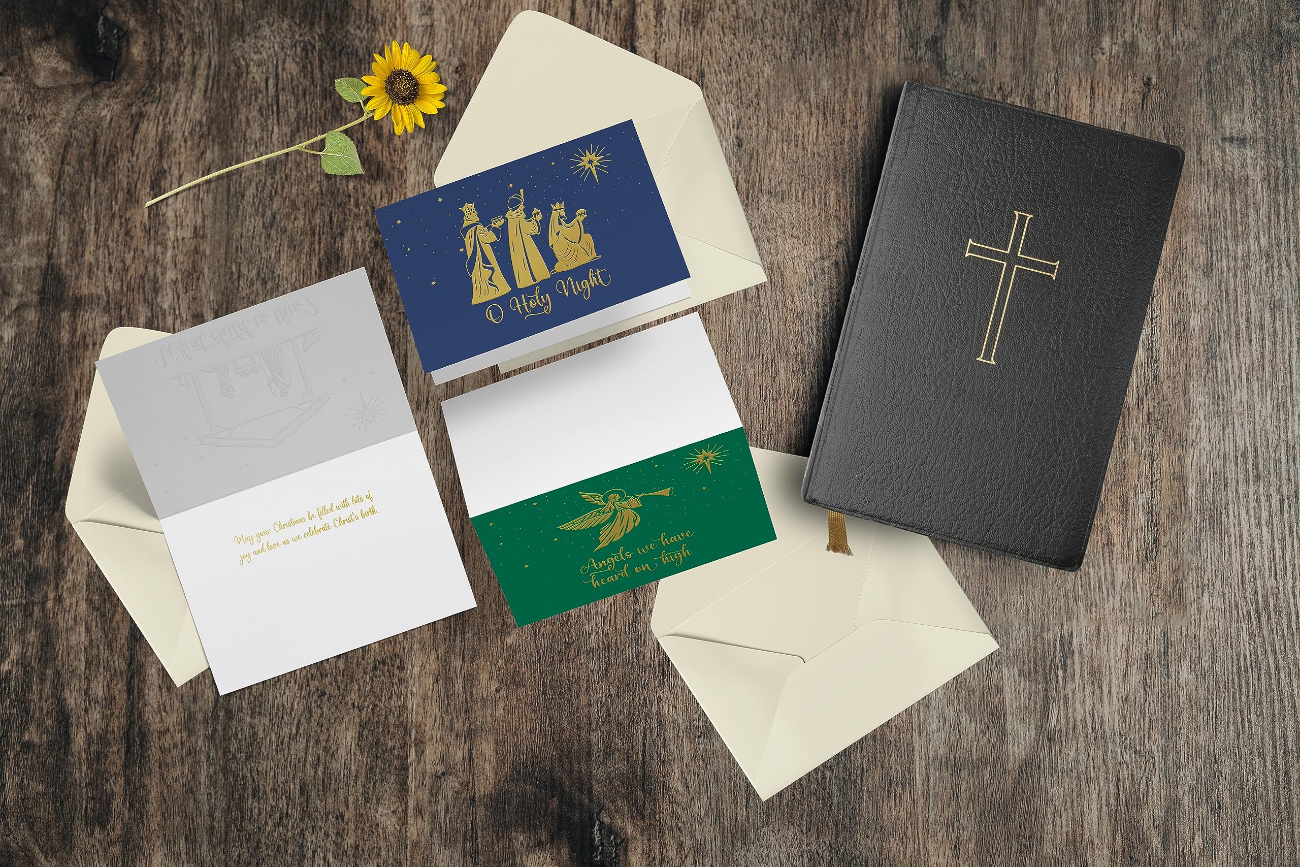 Better Office Products 50 Pack Religious Christmas Cards with Embossed Gold Foil Accents, 5" x 7", High Gloss, Gold Foil Interior Greeting, with 50 Envelopes, 50 Count Boxed Assortment