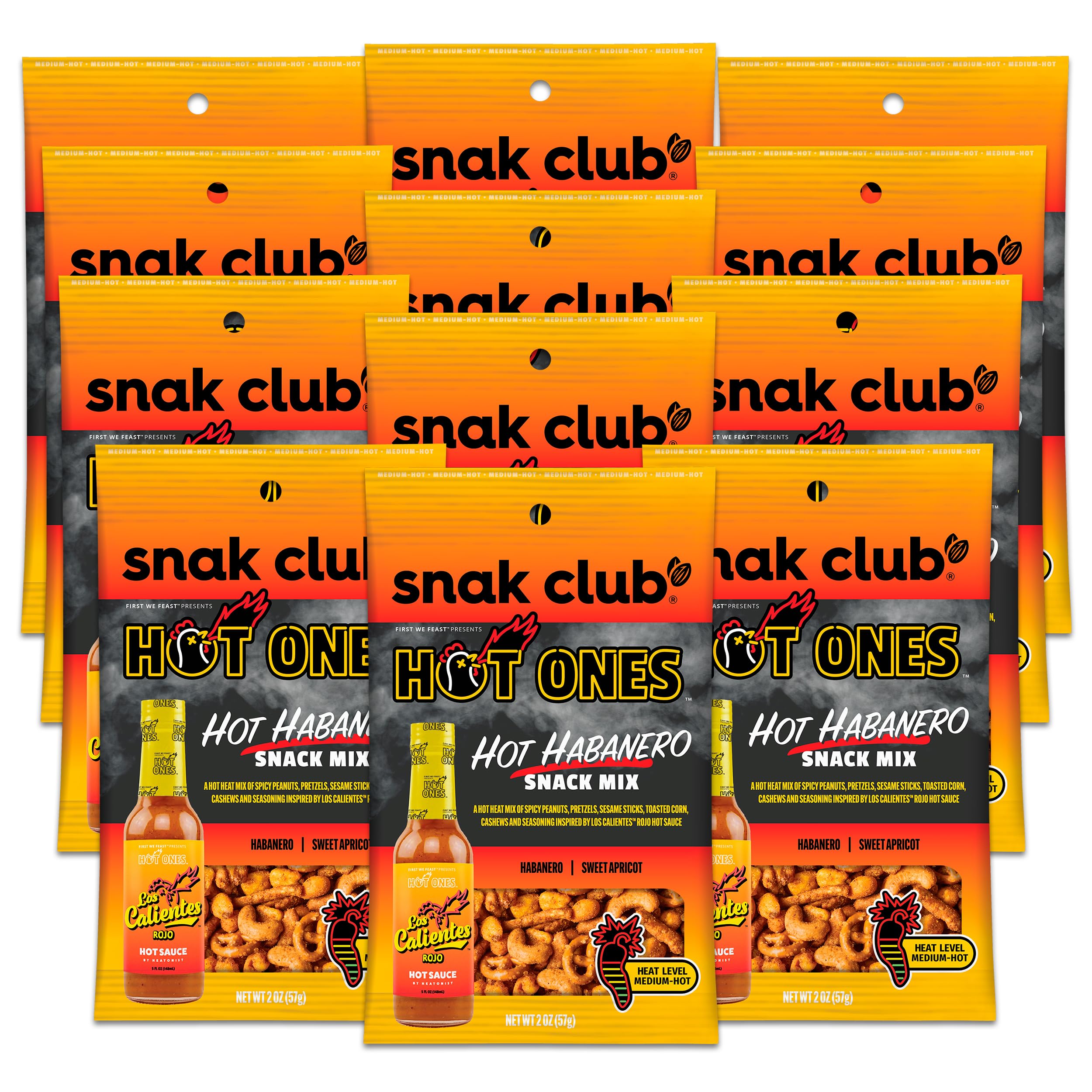 Snak Club x Hot Ones Hot Habanero Snack Mix, Spicy Snacks with Peanuts, Pretzels, Sesame Sticks, Toasted Corn & Cashews, Inspired by Hot Ones Hot Sauce, 2 oz Bag (12 Count)