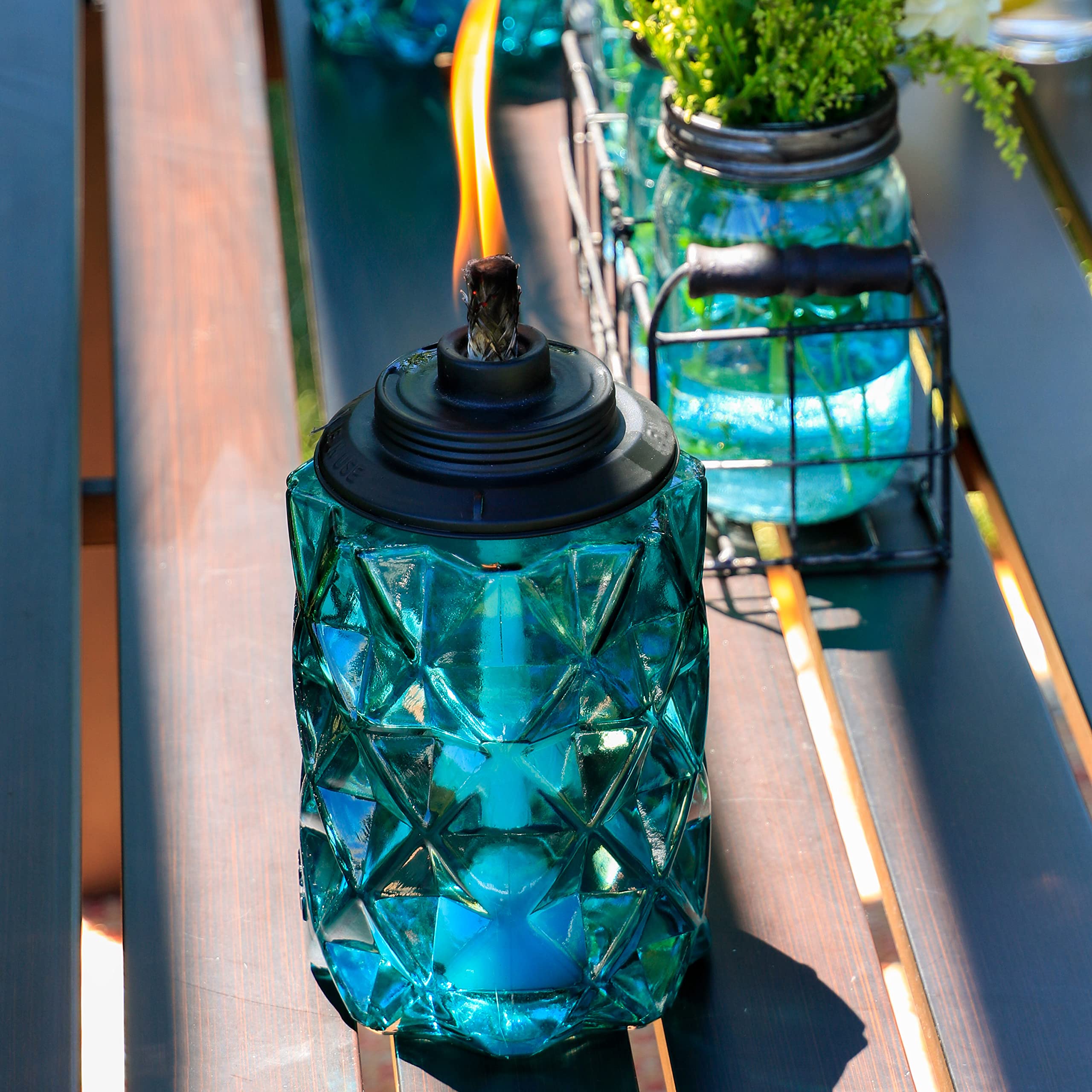TIKI Brand 2-Pack Topaz Blue Glass Easy Install Tiki Torch, Outdoor Decorative Lighting for Lawn Patio Backyard, 65 Inch, Blue, 1122125