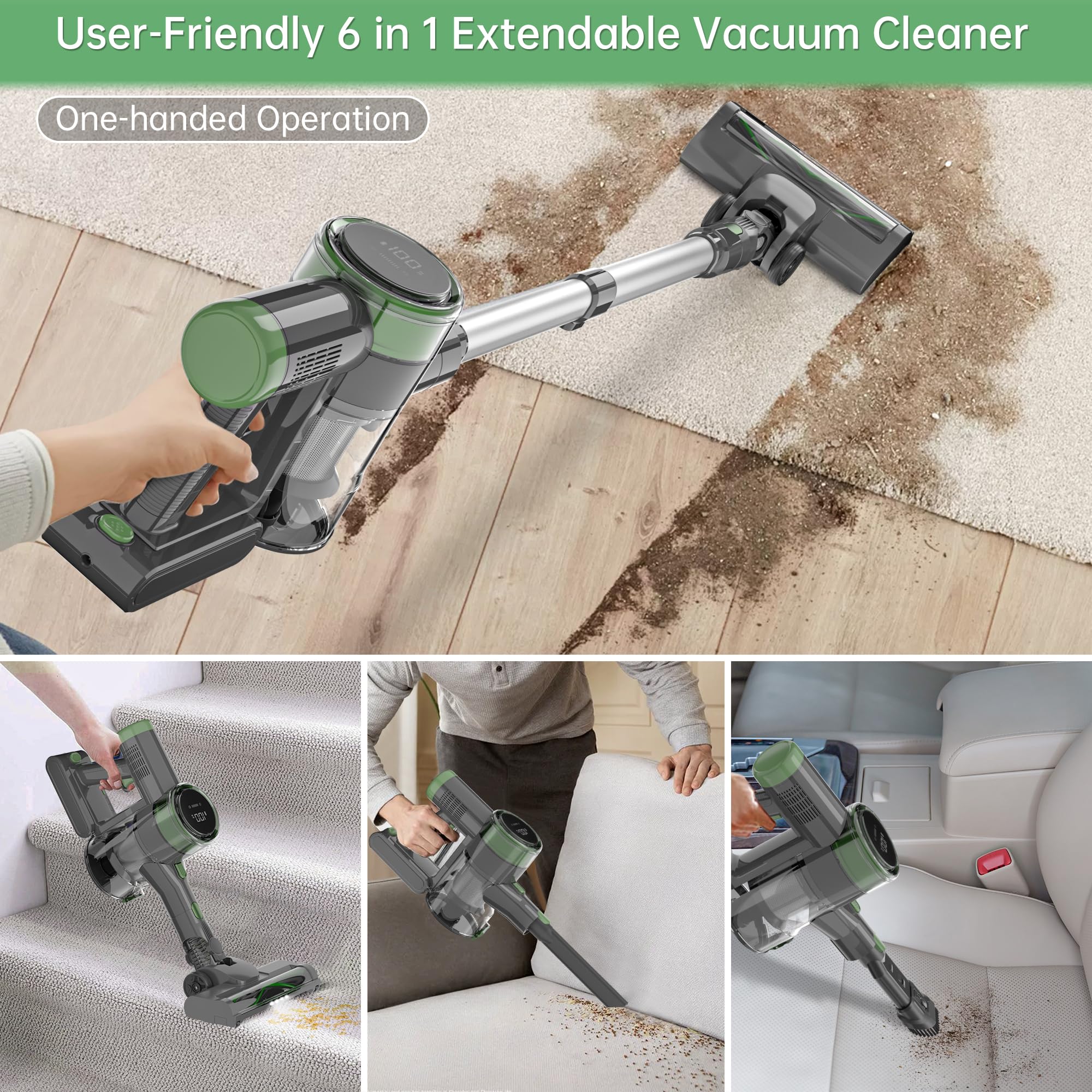 ENCHE Cordless Vacuum Cleaner, 45000pa 450W Stick Vacuum,6-in-1 Rechargeable Vacuum with LED Display,50mins Runtime,Lightweight with LED Headlights for Hardwood Floor Low-Pile Carpet Pet Hair