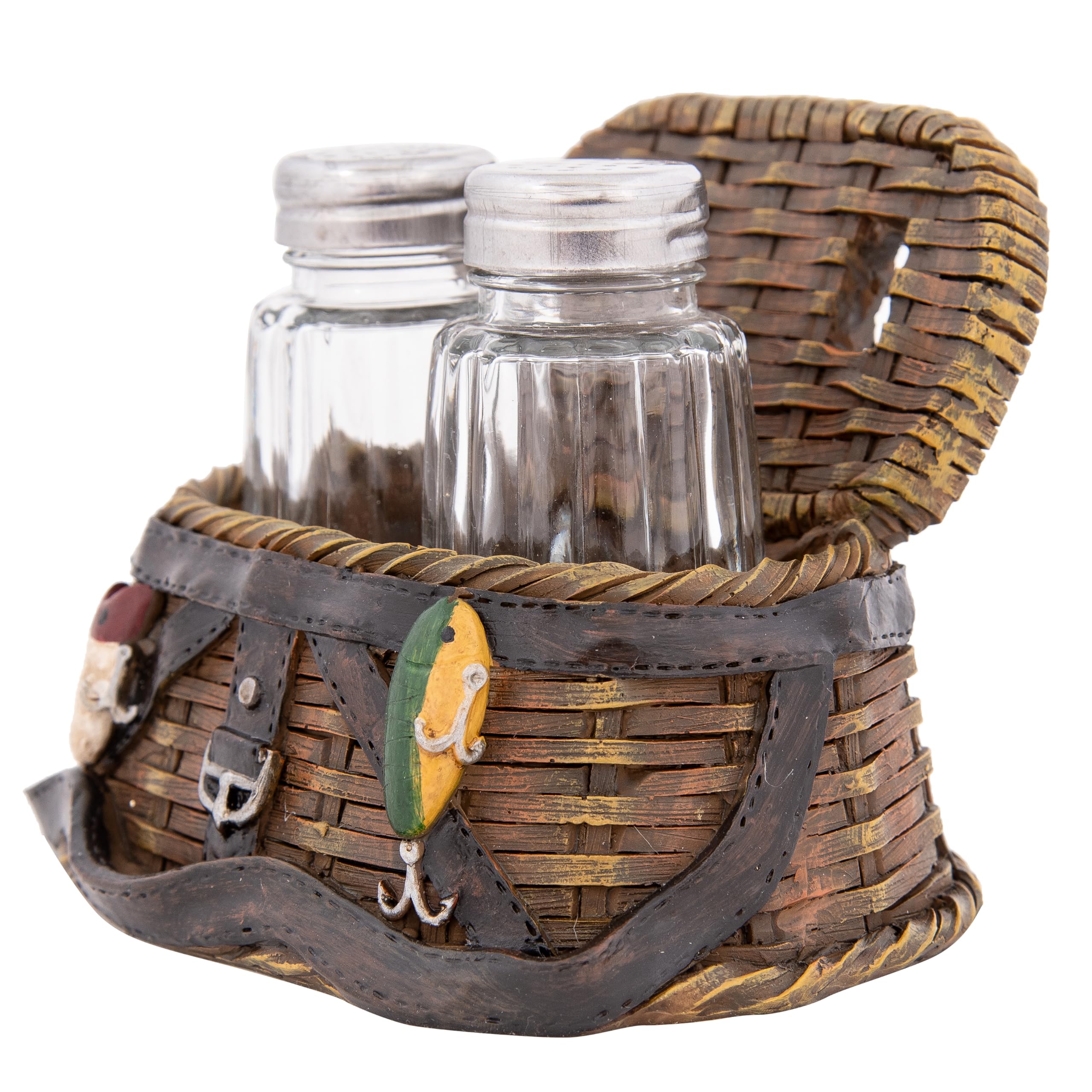 Corner Merchant Lake Cabin Salt and Pepper Shakers - Rustic Kitchen Cutie Salt Pepper Holder (Fishing Basket)