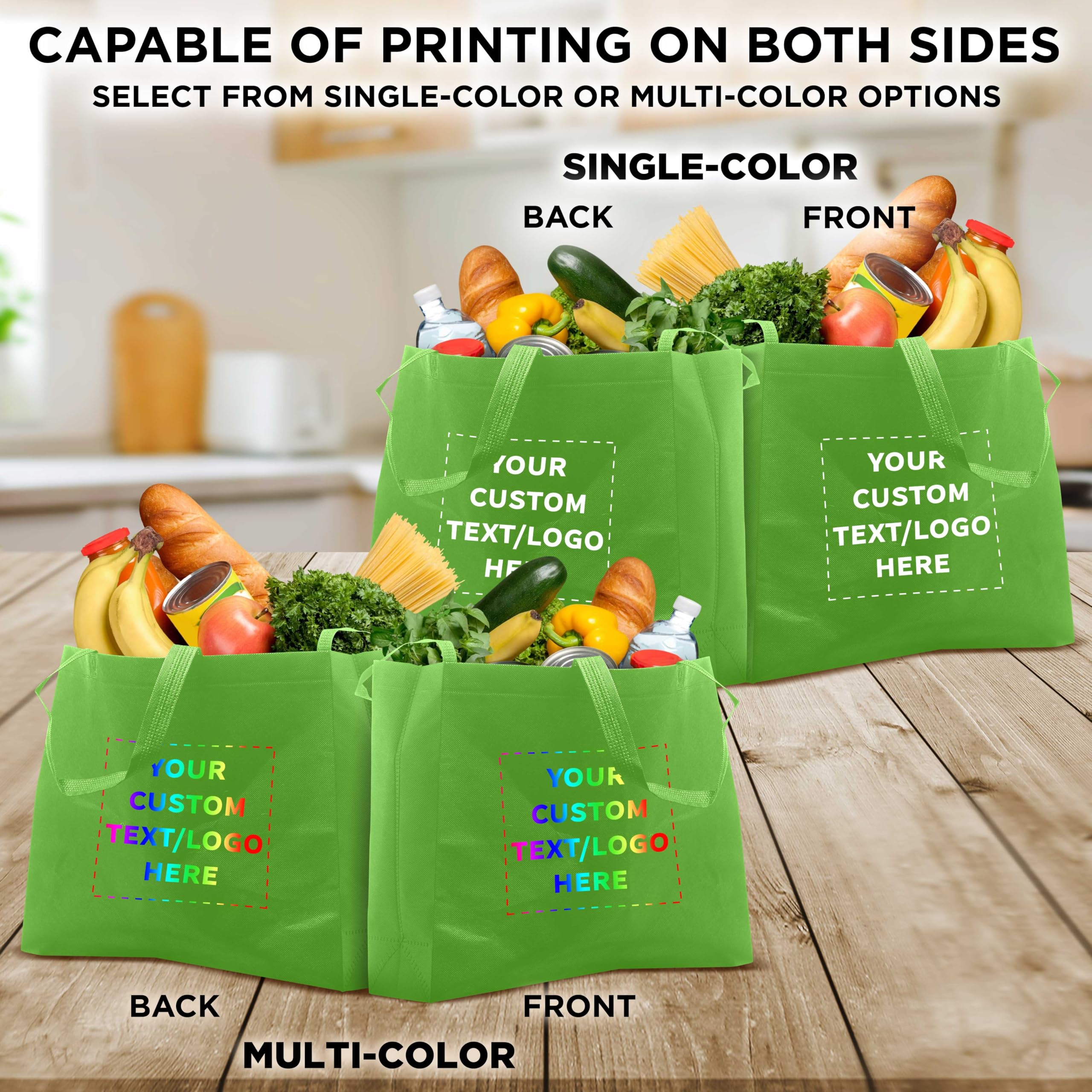 DISCOUNT PROMOS Custom Jumbo Sized Tote Bags Set of 100, Personalized Bulk Pack - Reusable Grocery Bags, Shopping Bags, Promotional Item Totes for Women - Lime Green