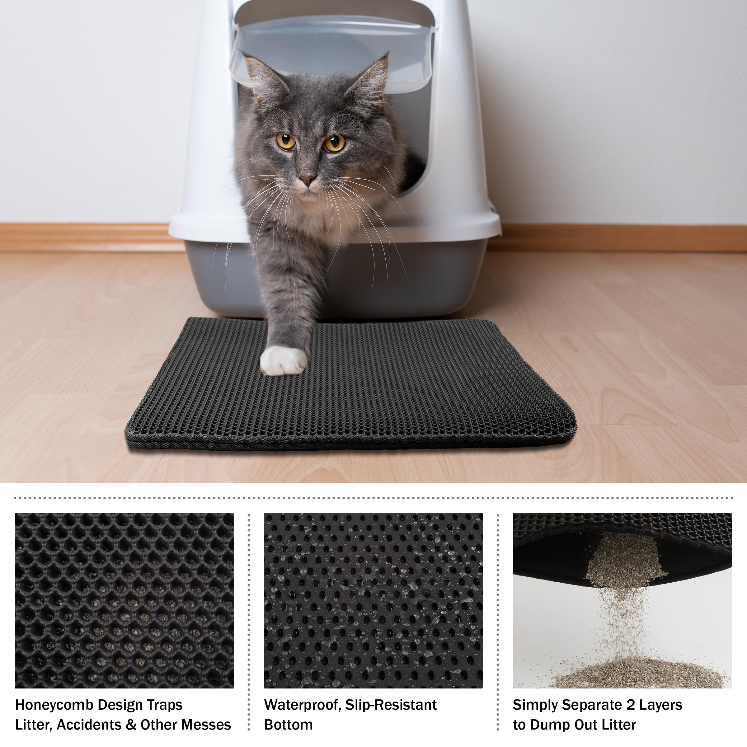 Cat Litter Mat - 24x15 Waterproof Litter Box Mat with Dual-Layer Honeycomb Design for Trapping Litter - Slip-Resistant Cat Mat by PETMAKER (Black)