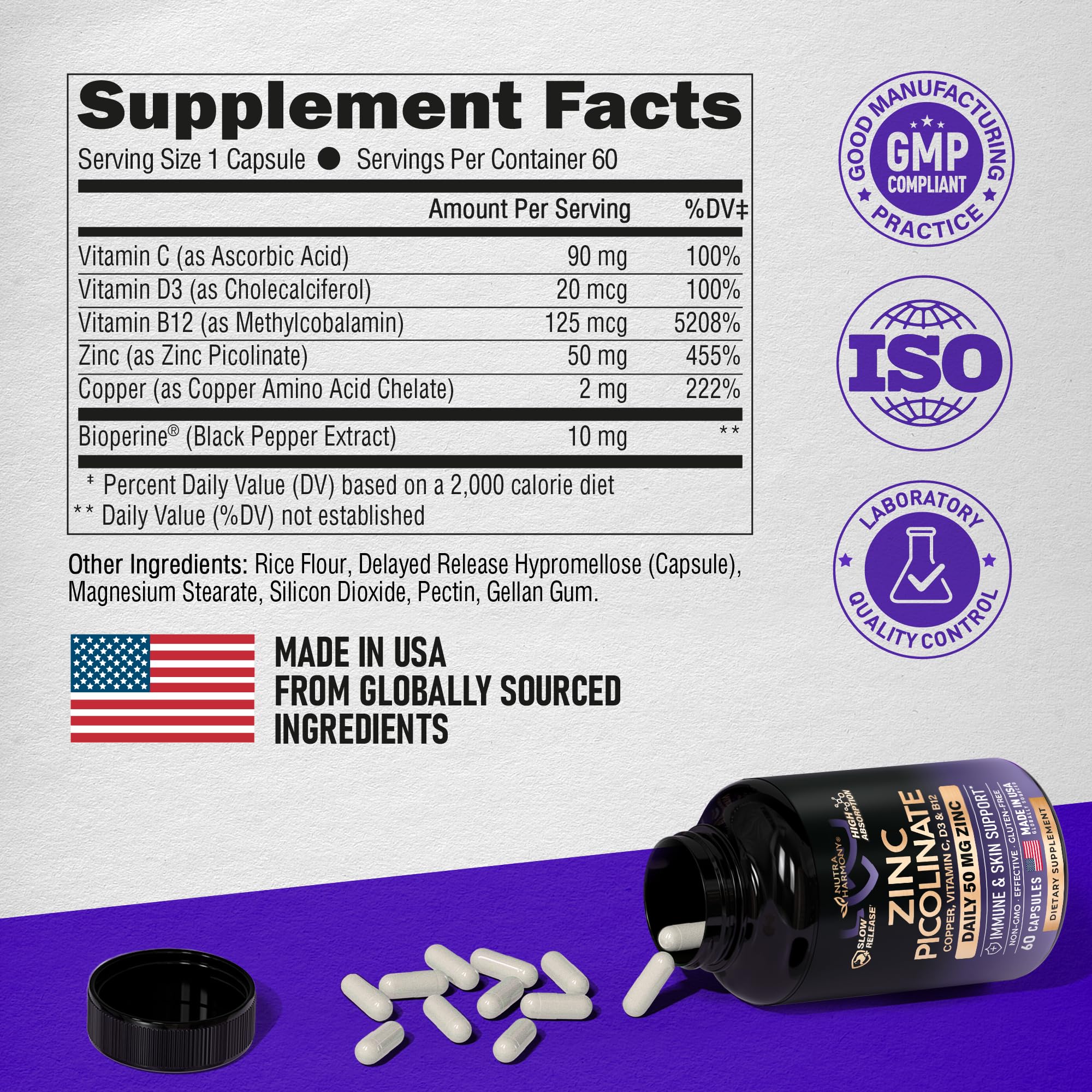 Zinc Picolinate 50mg - Zinc Supplement with Copper, Vitamin D3 & B12 - Stomach Friendly | Slow Release - Immune Support & Skin Health - High Absorption with BioPerine & Vitamin C - 60 Capsules