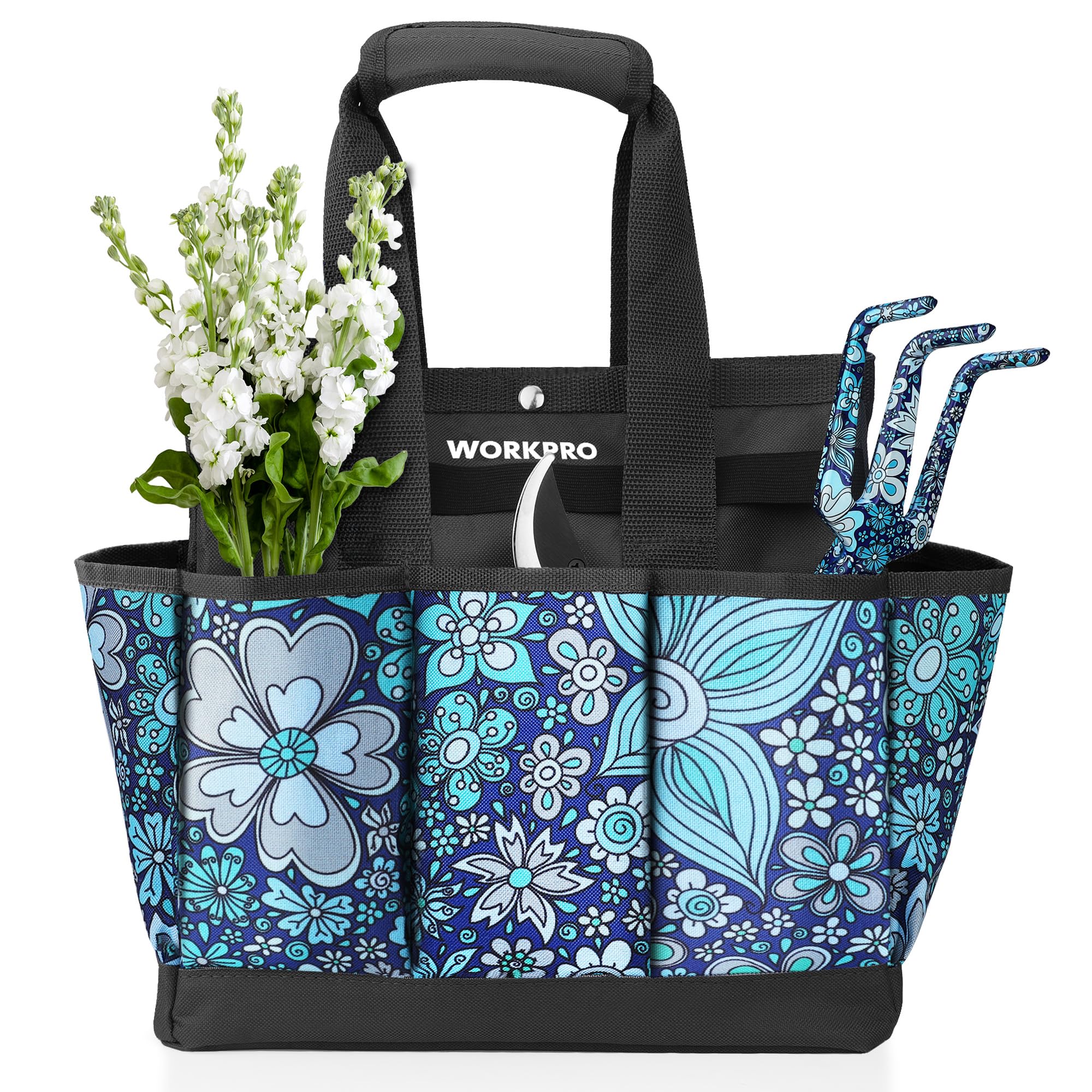 WORKPRO Garden Tool Bag, 9 Pockets Garden Tote Bag, Heavy Duty Oxford Garden Tool Storage Bag, Gardening Tool Kit Holder (Tools NOT Included), 12" x 12" x 6" (Floral Blue)