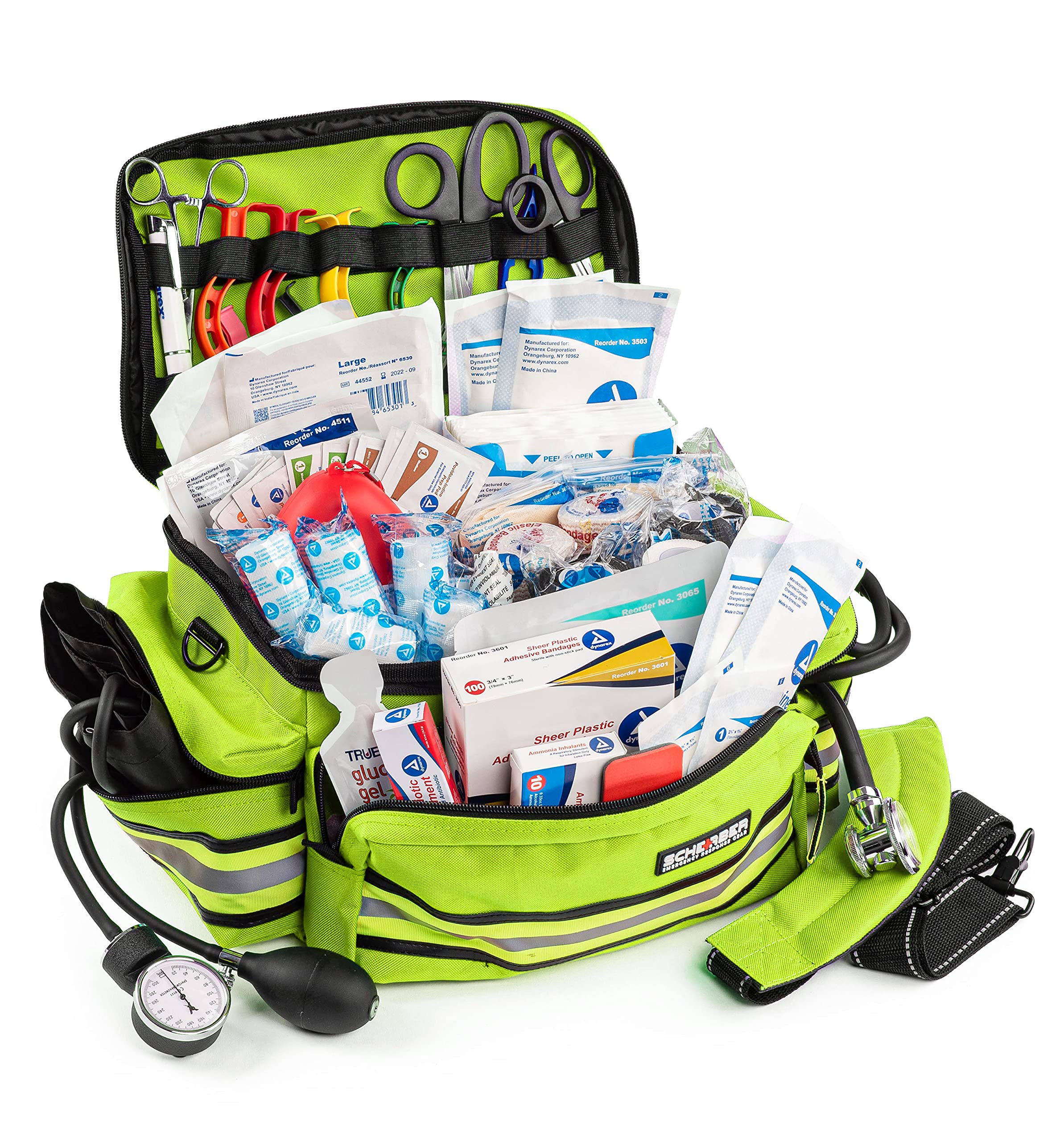 Scherber First Responder Fully-Stocked Professional Essentials EMT/EMS Trauma Kit | HSA/FSA Approved | Reflective Bag w/8 Zippered Pockets & Compartments & 200+ First Aid Supplies - Yellow