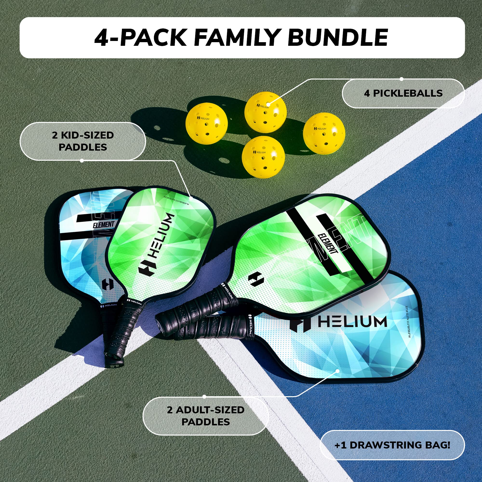 Helium Element Pickleball Family 4-Pack - 2 Child-Size & 2 Adult-Size Paddles, Lightweight Pickleball Set with Honeycomb Core, Graphite Strike Face, 4 Pickleballs & Convenient Drawstring Bag