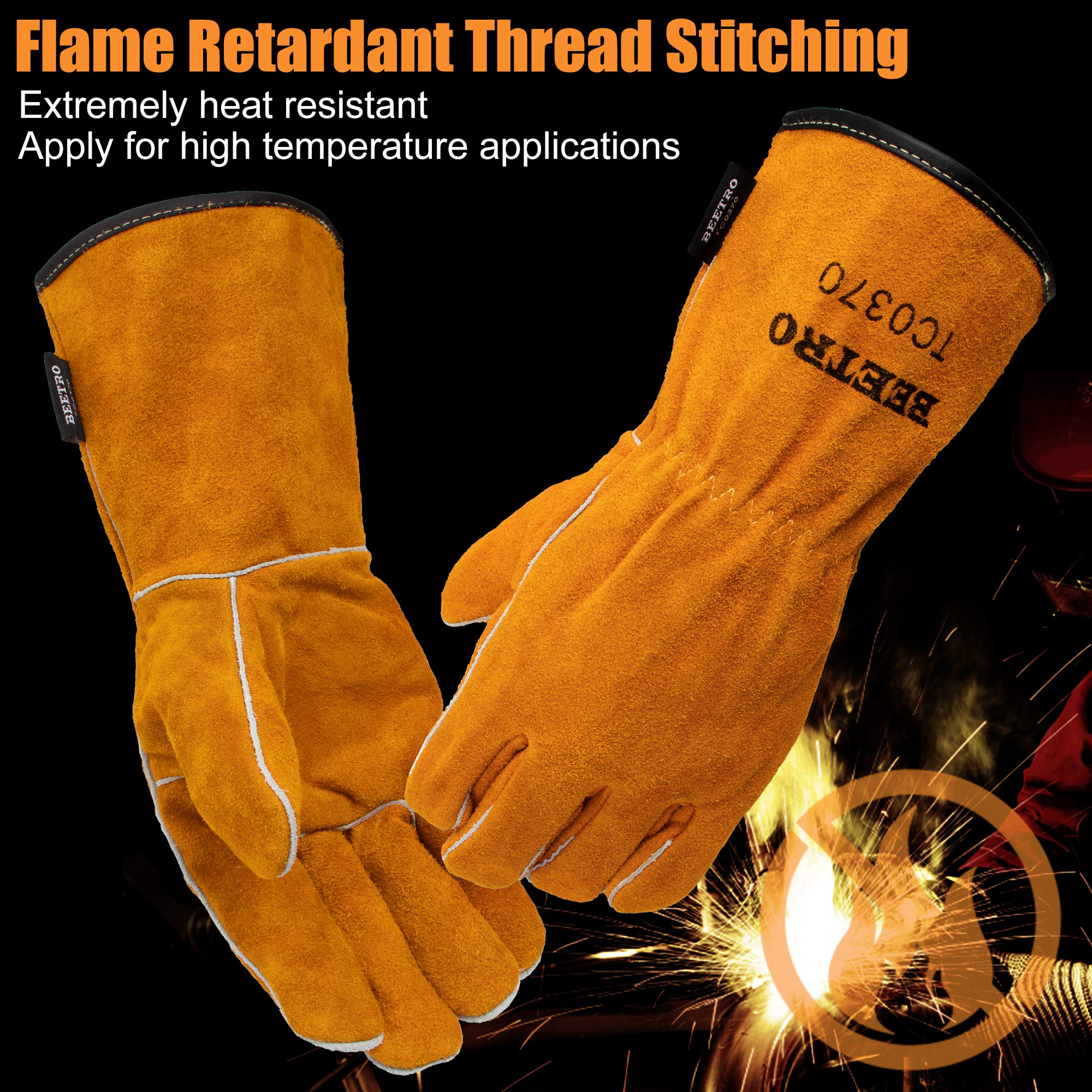 BEETRO Welding Gloves 2 Pairs Cow Leather Forge/Mig/Stick/Tig Welder Heat/Fire Resistant, Mitts for Oven/Grill/Fireplace/Furnace/Stove/Pot Holder/Wood Burner/Animal handling glove with Soft Lining