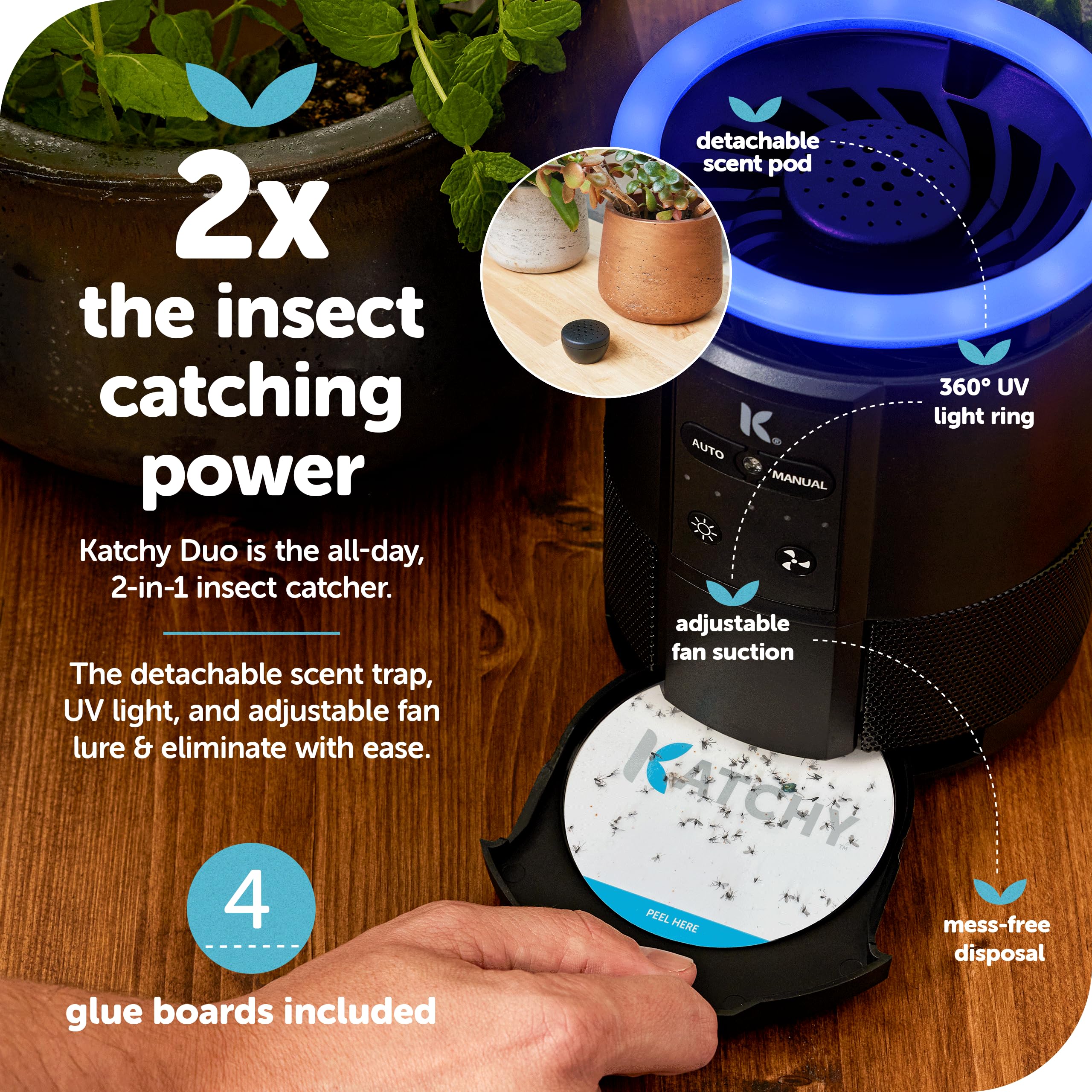 Katchy Duo Indoor Insect Trap with Scent Pod - Fan Powered with UV Light - Fruit Fly Traps for Indoors - for Fruit Flies, Gnats, Mosquitoes, Moths (Black)