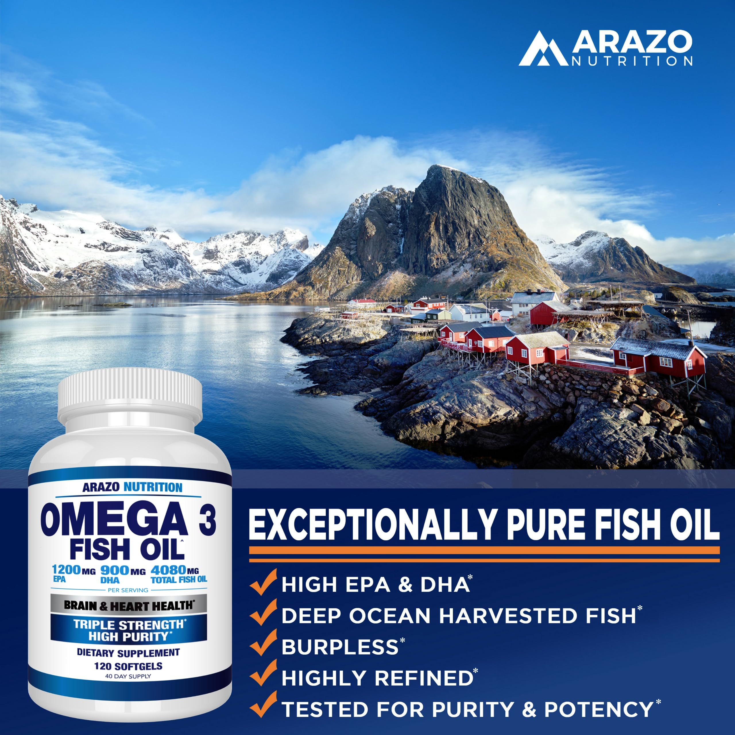 Arazo Nutrition Wild Caught Omega 3 Fish Oil – 120 Soft Gels – 4,080mg High EPA 1200mg DHA 900mg Lemon Flavor Burpless Softgels