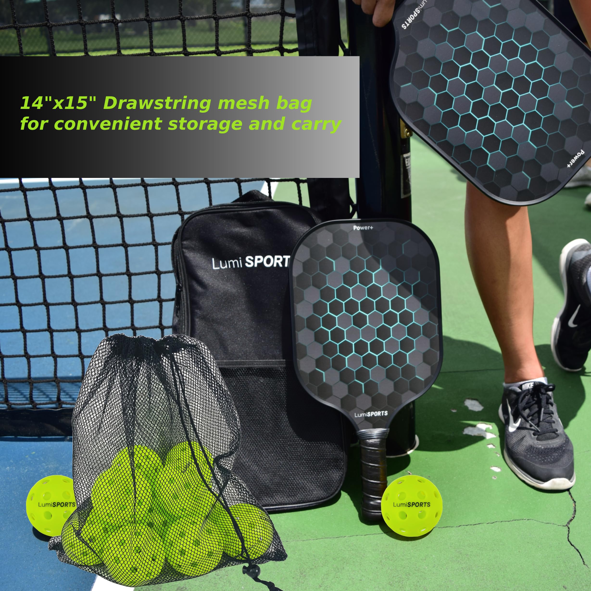 Lumi SPORTS 12-Pack Premium Pickleball Balls | 40 Holes Outdoor/Hybrid Fluorescent Green Balls | All-Surface Play | Crack-Resistance | Convenient Drawstring Mesh Bag | USAPA Standard Size and Weight