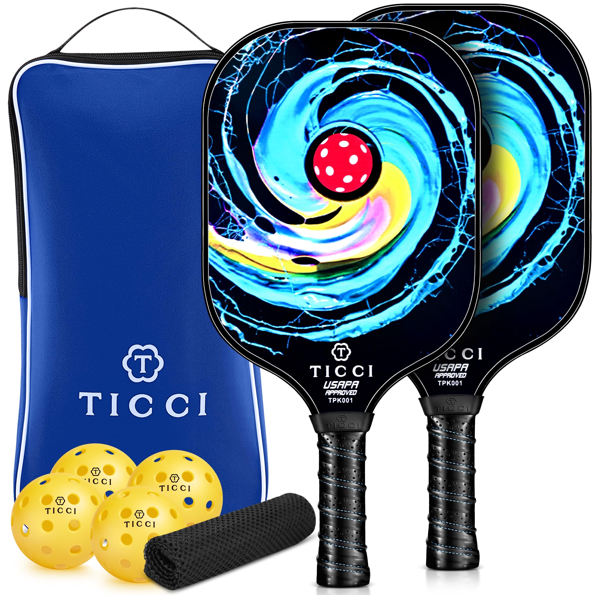 TICCI Pickleball Paddles, USAPA Approved Pickleball Paddles Set of 2, Lightweight Fiberglass Surface Pickleball Set, 4 Pickleballs, 1 Carry Bag & Mesh Bag, Pickle Ball Paddle Gifts for Men Women